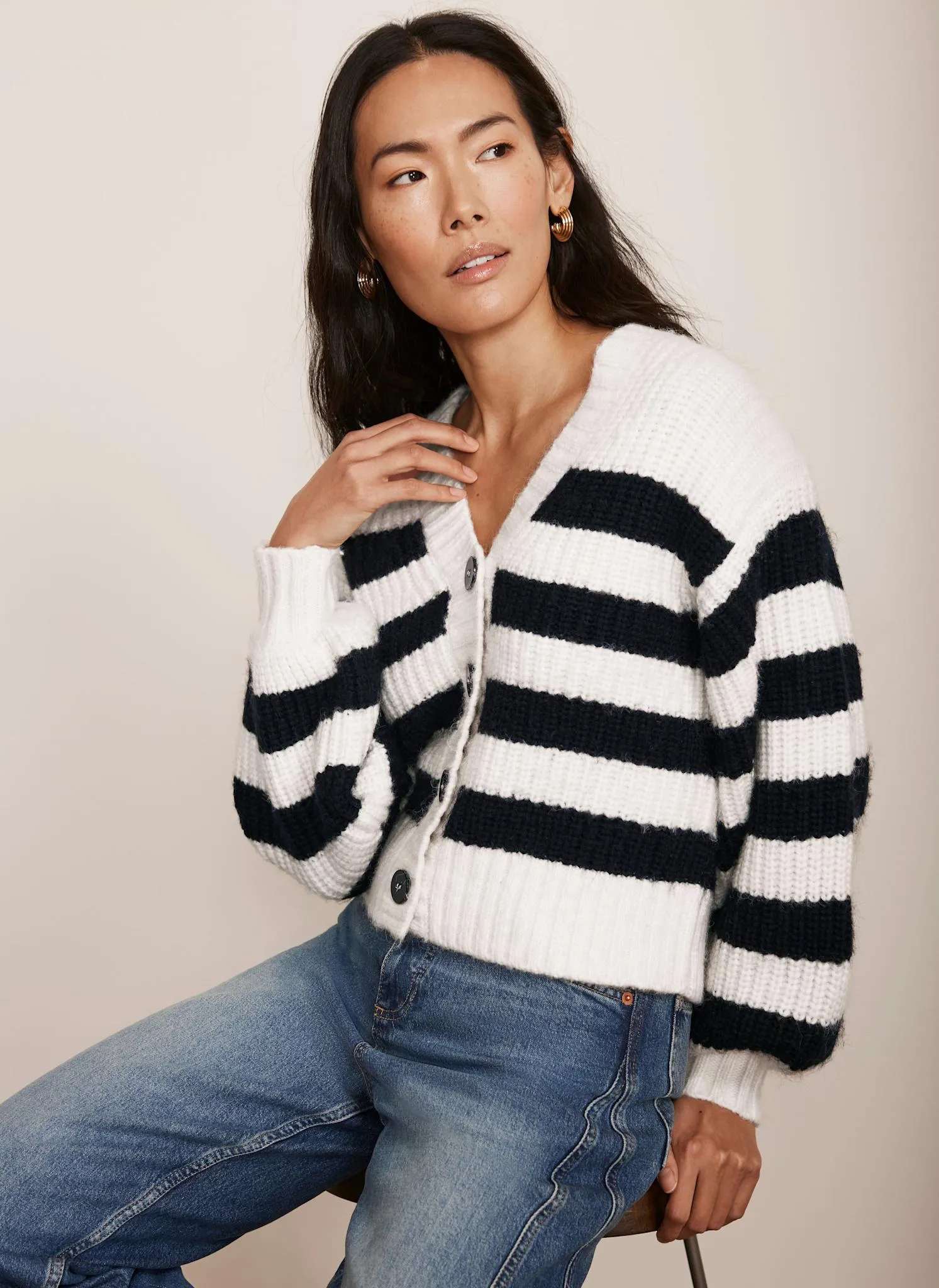 Navy Stripe V Neck Cardigan sold by Mint Velvet product image thumbnail 2