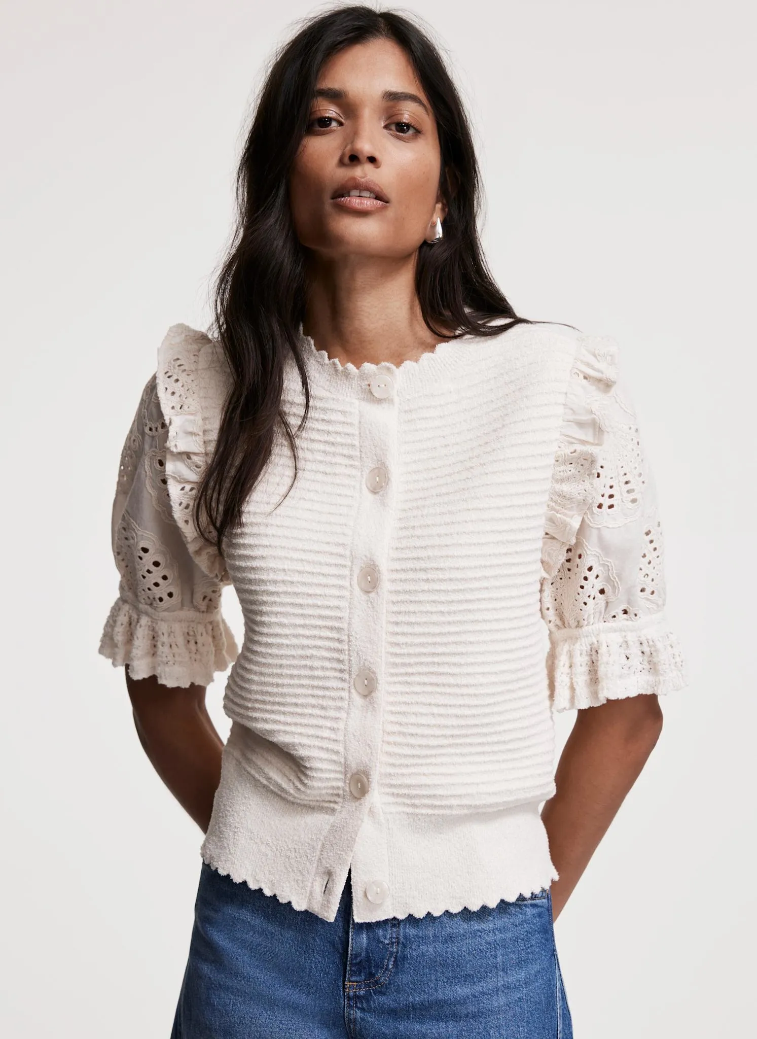 Cream Broderie Sleeve Cardigan sold by Mint Velvet product image thumbnail 2