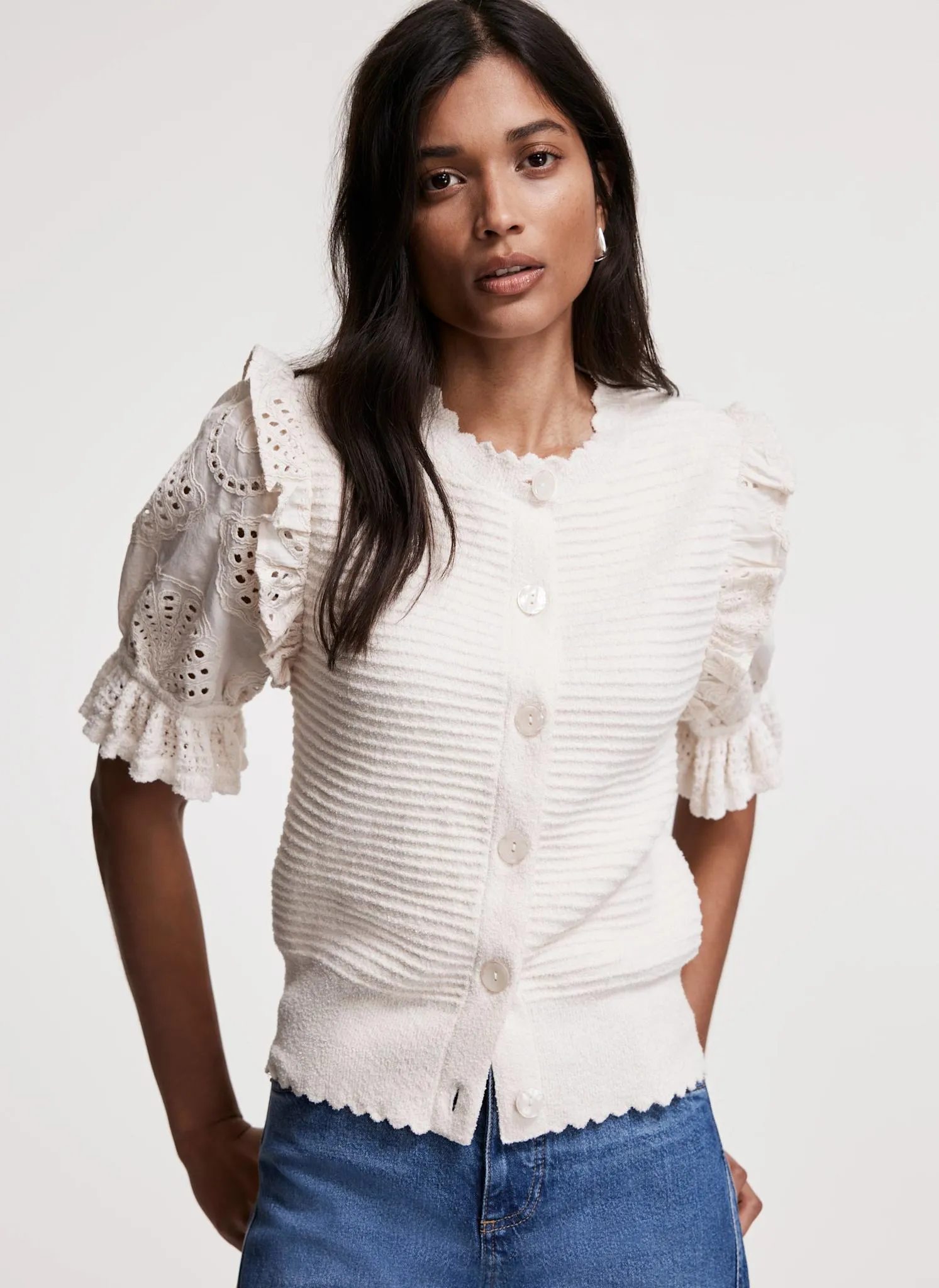 Cream Broderie Sleeve Cardigan sold by Mint Velvet product image thumbnail 5