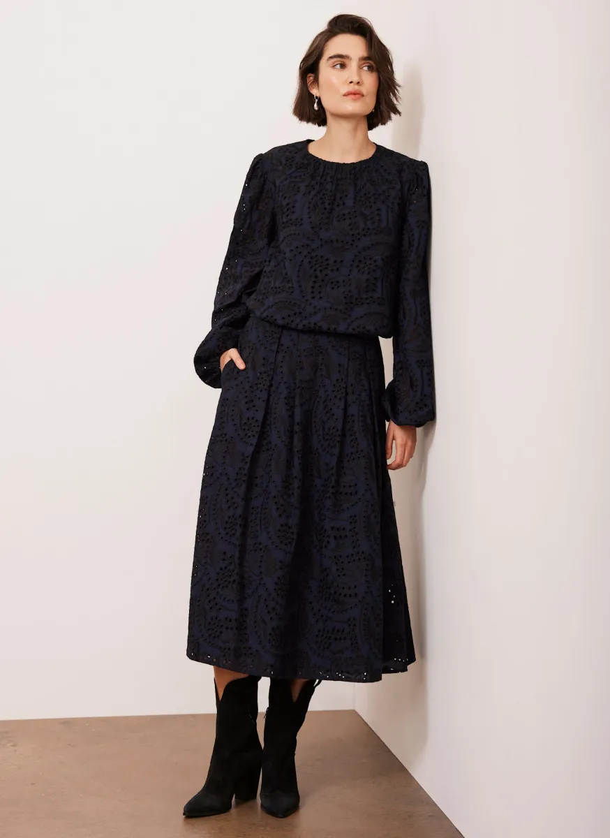 Navy Broderie Midi Skirt sold by Mint Velvet