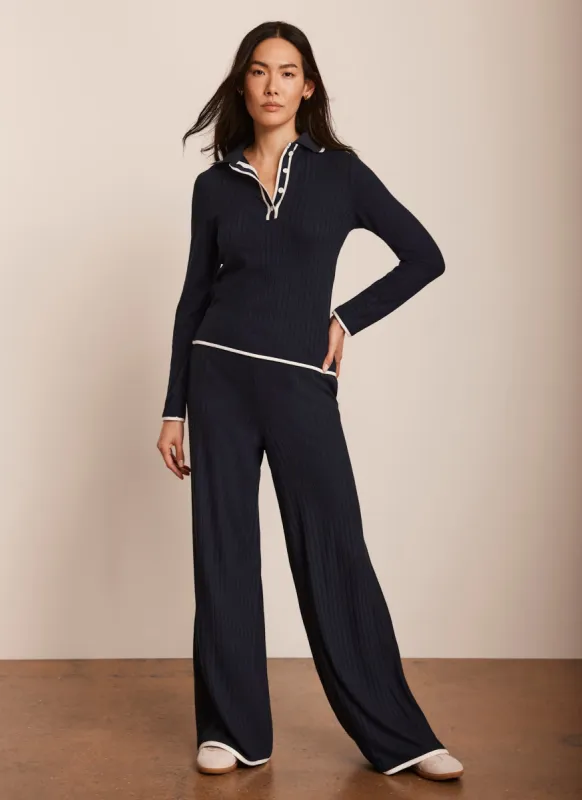 Navy Ribbed Contrast Trim Wide Trousers sold by Mint Velvet