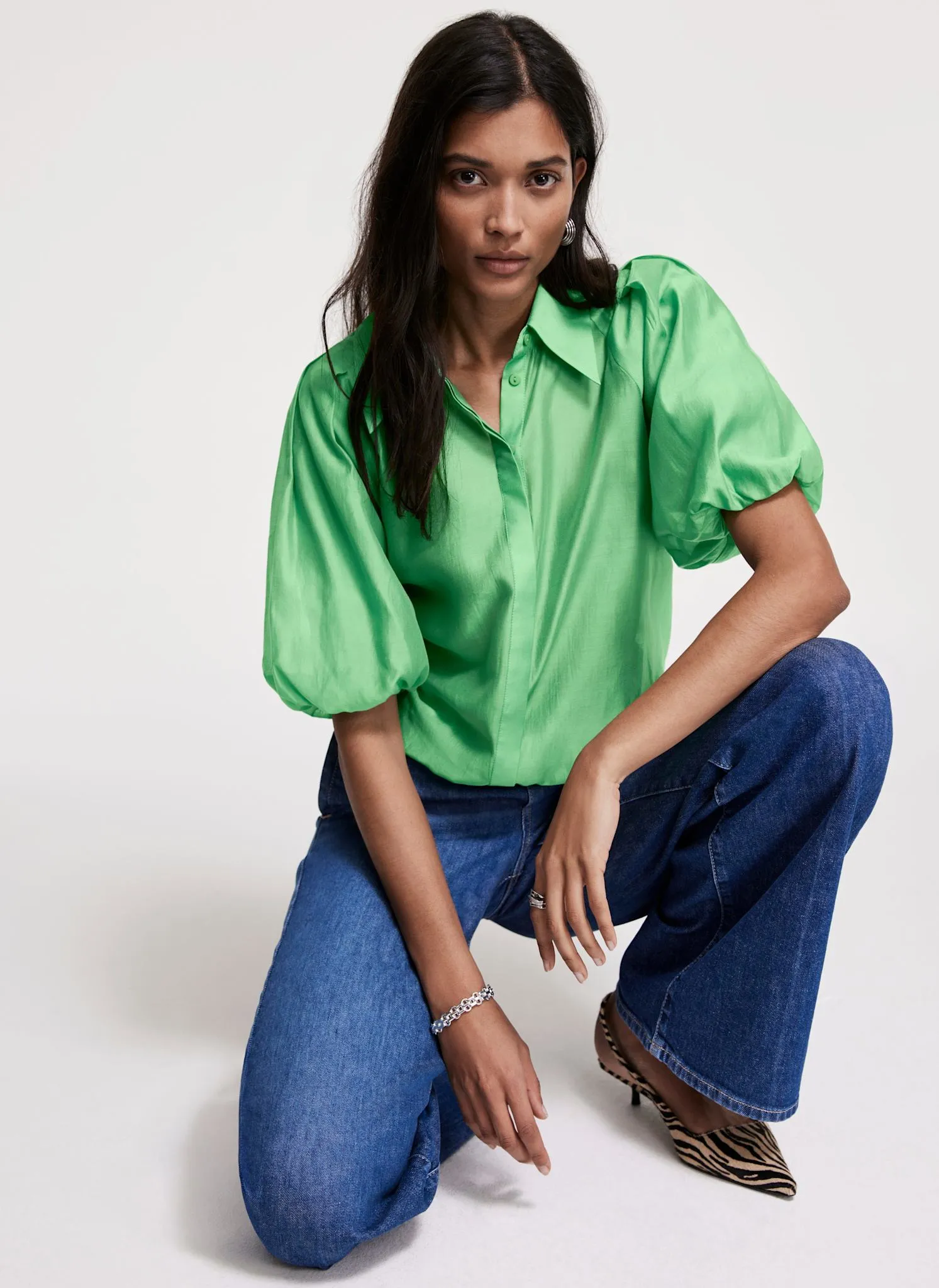 Green Sheer Puff Sleeve Shirt sold by Mint Velvet product image thumbnail 5