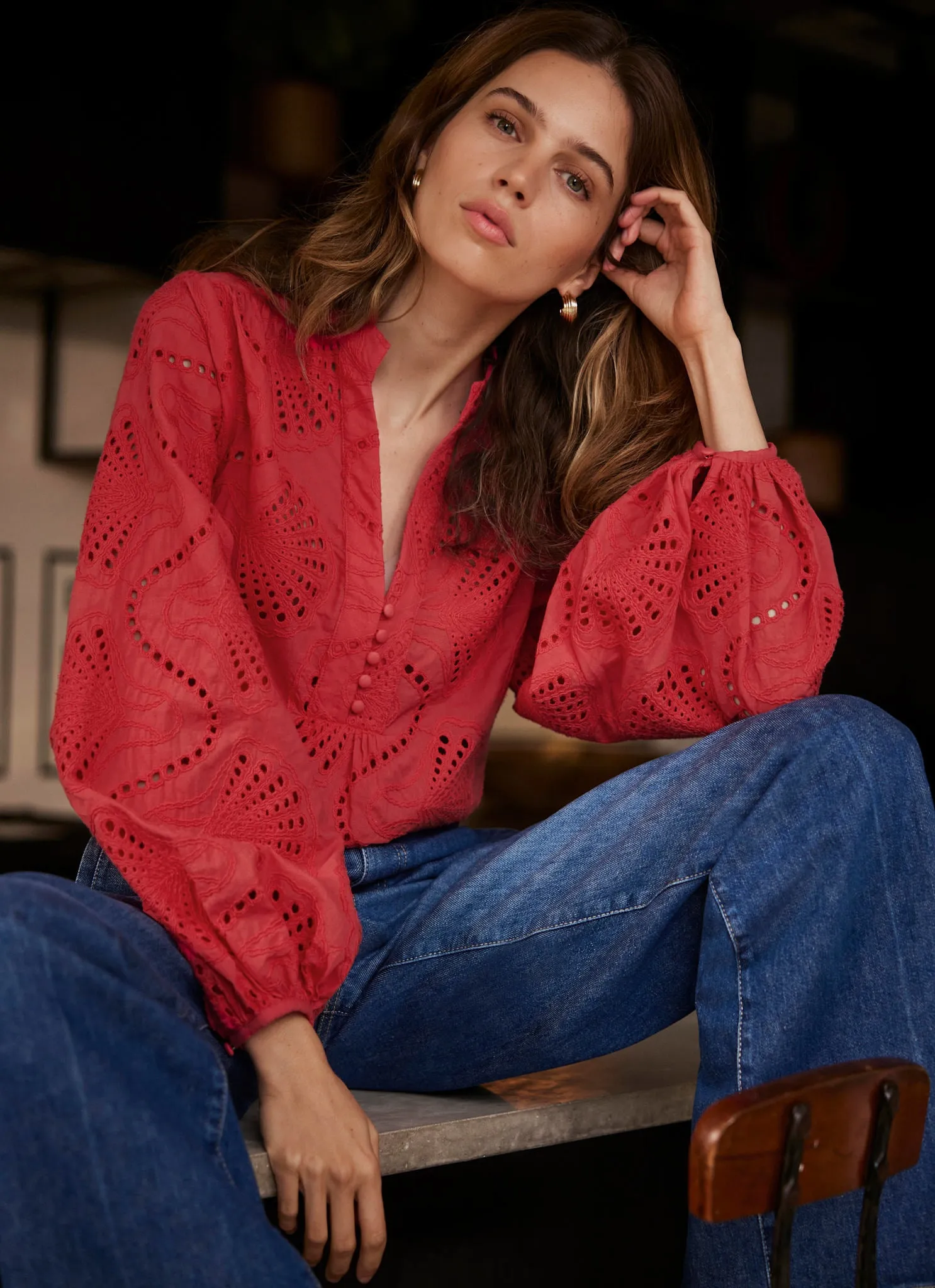 Red Broderie Detail Blouse sold by Mint Velvet