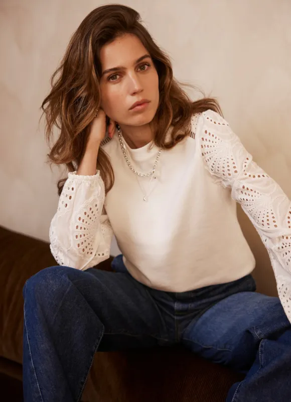 White Broderie Anglaise Detail Sweatshirt sold by Mint Velvet