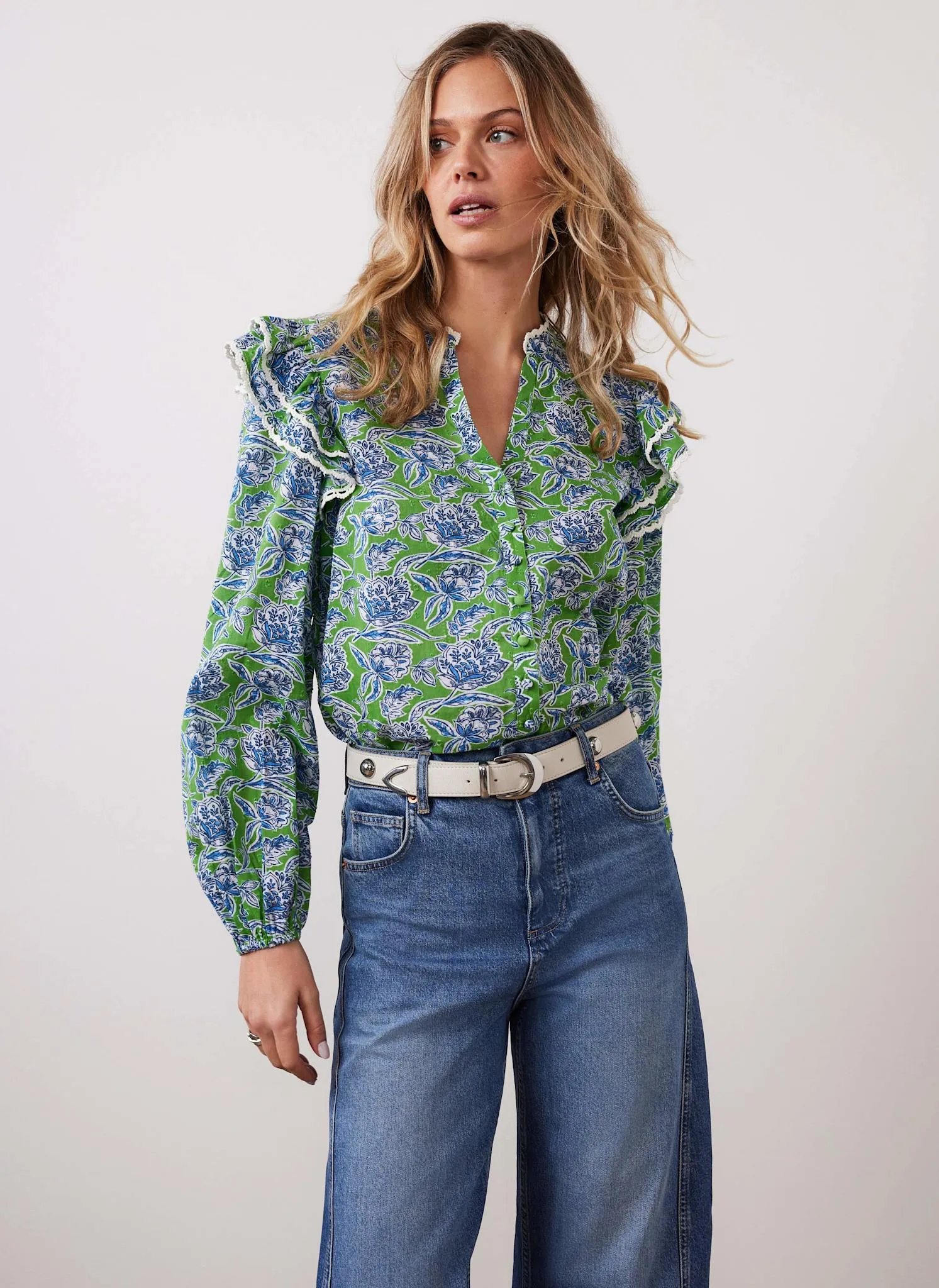 Green Floral Print Ruffle Blouse sold by Mint Velvet product image thumbnail 3