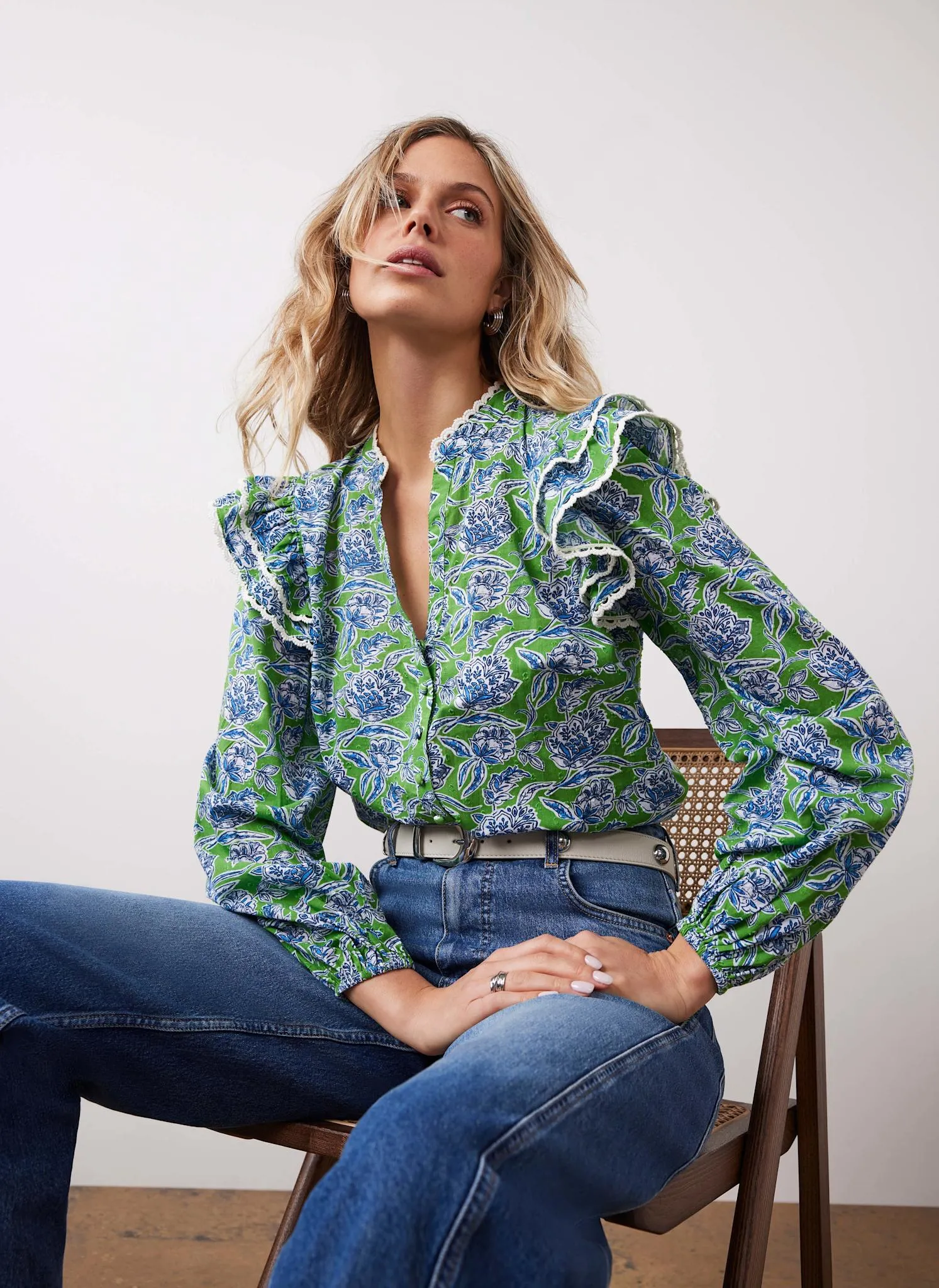 Green Floral Print Ruffle Blouse sold by Mint Velvet product image thumbnail 2