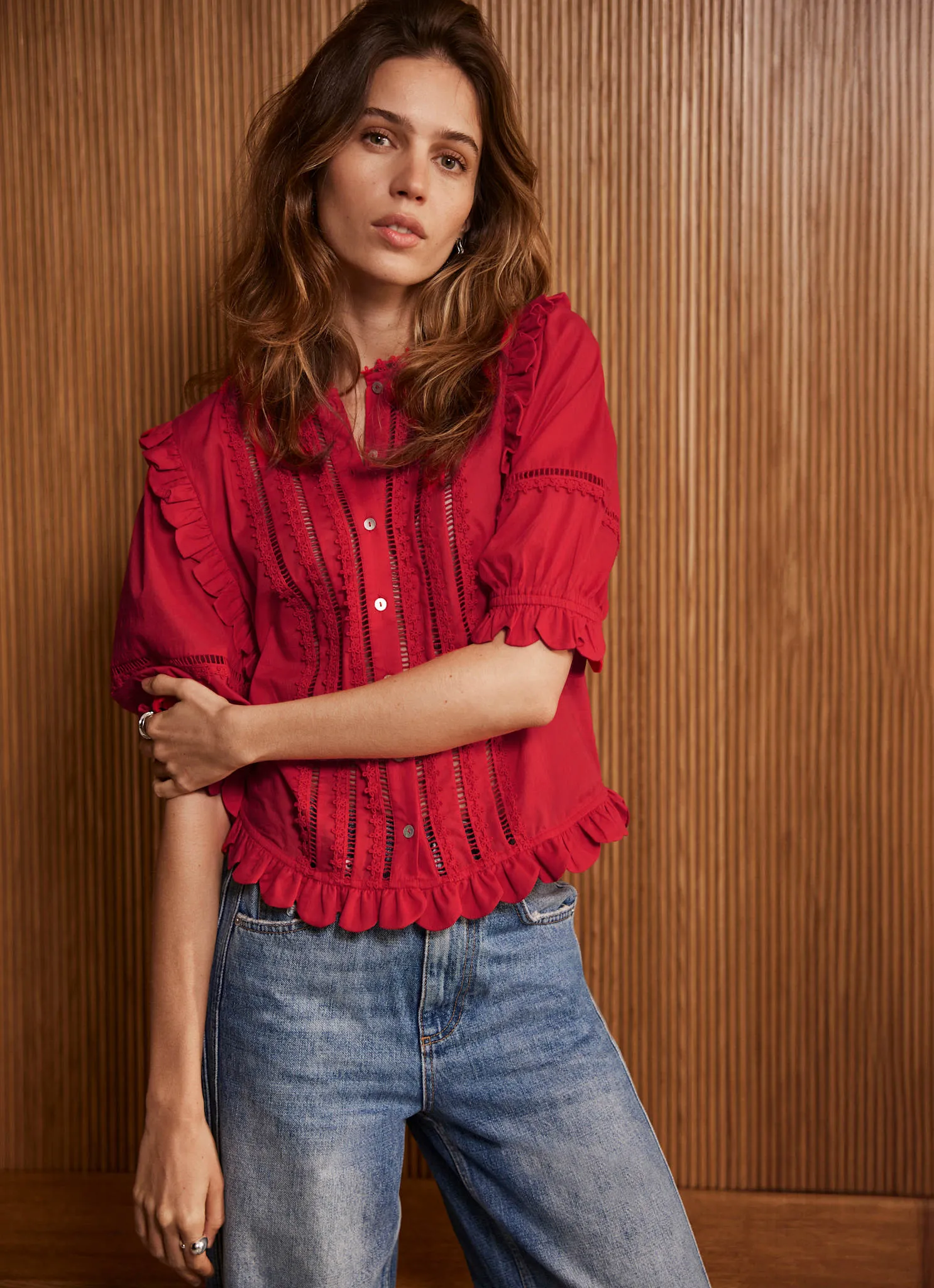 Red Ruffle Trim Cotton Top sold by Mint Velvet product image thumbnail 5