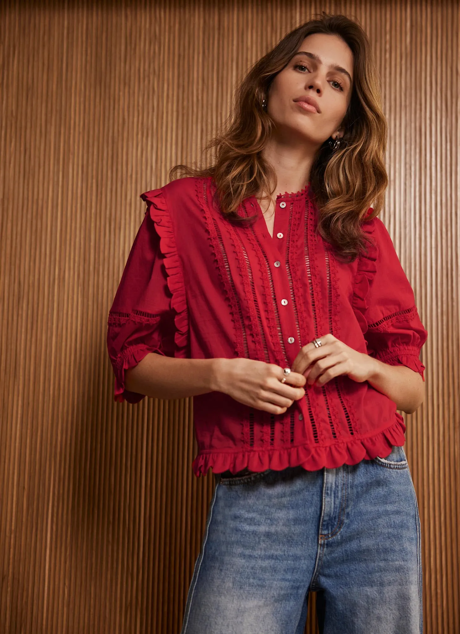 Red Ruffle Trim Cotton Top sold by Mint Velvet product image thumbnail 4