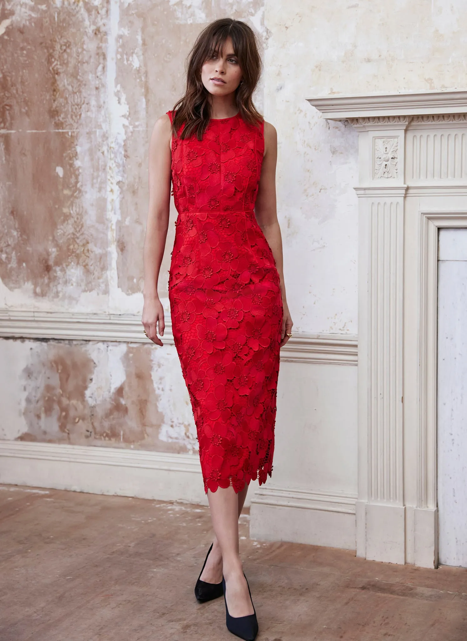 Red Floral Lace Midi Dress sold by Mint Velvet