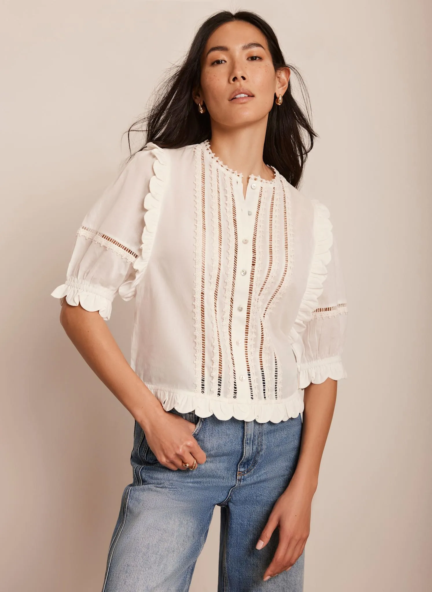 White Ruffle Trim Cotton Top sold by Mint Velvet