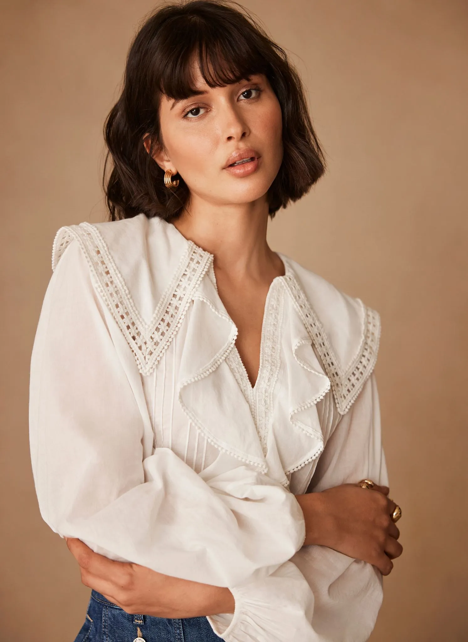 White Statement Collar Ruffle Blouse sold by Mint Velvet