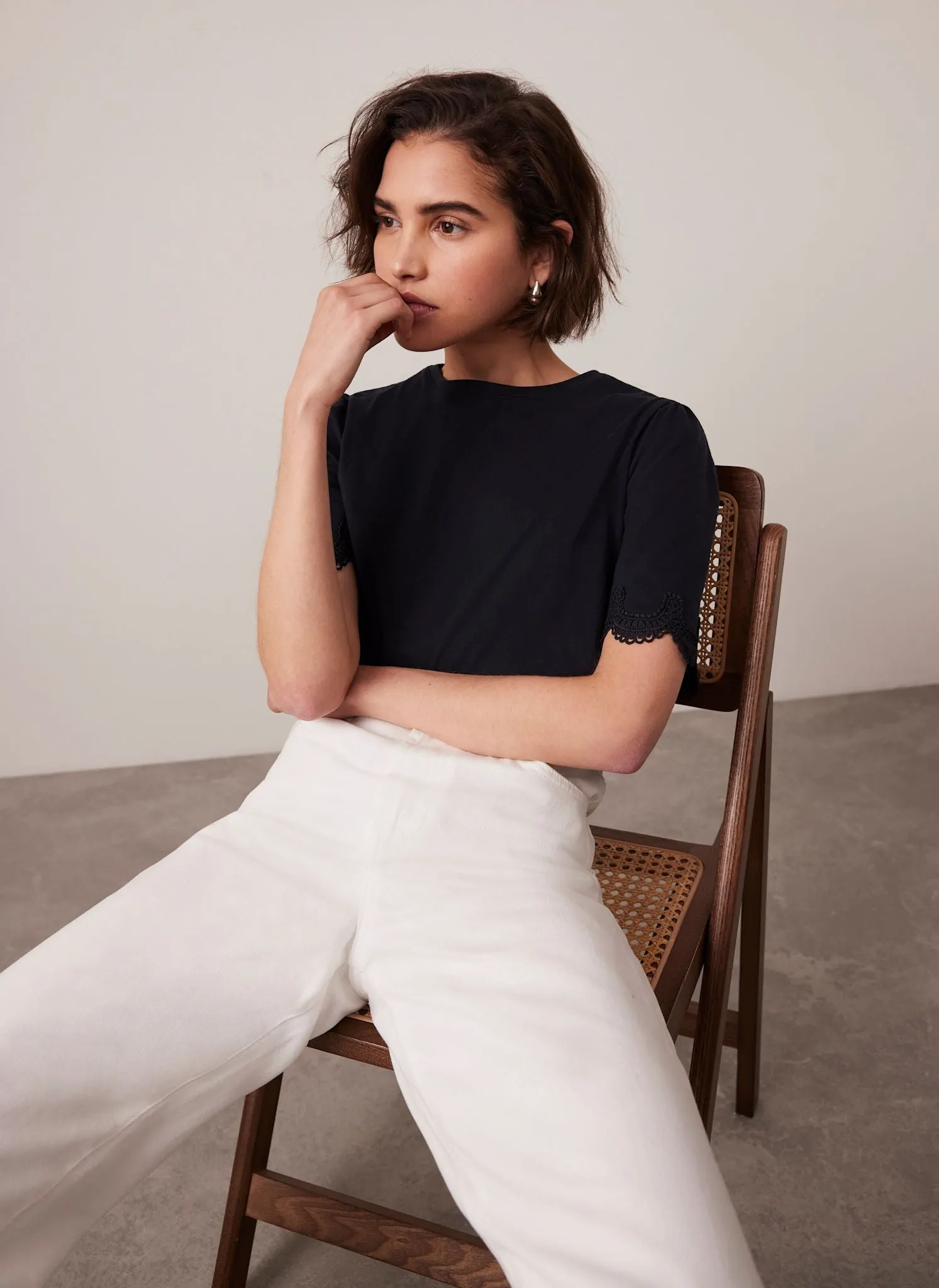 White Cotton Lace Trim T-Shirt sold by Mint Velvet