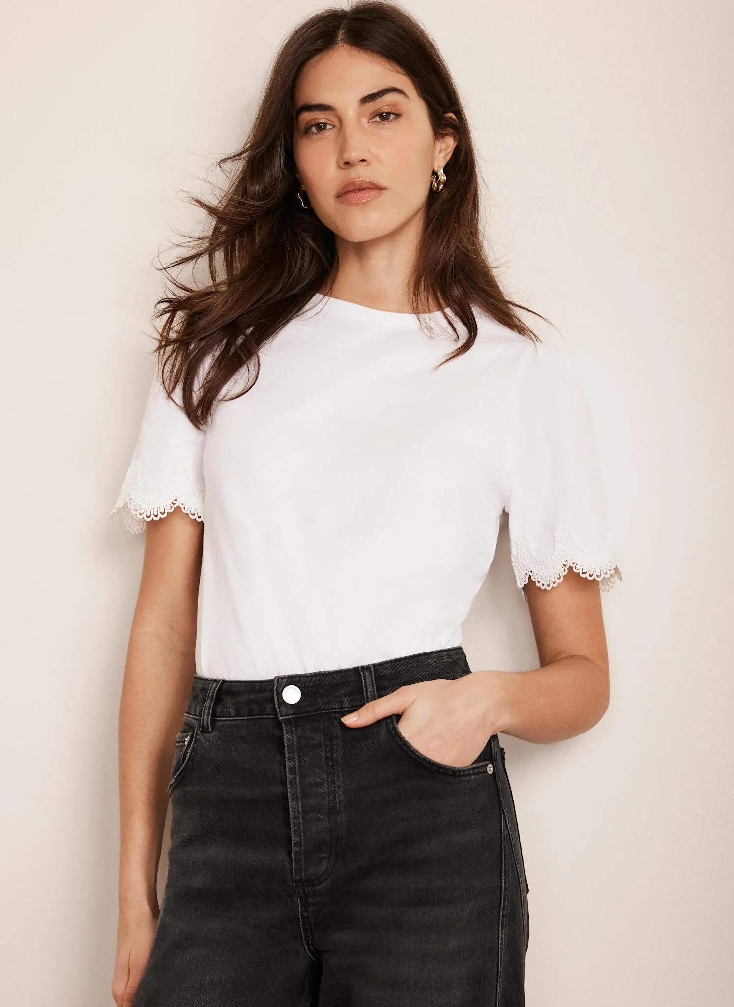 Cream Cotton Lace Trim T-Shirt sold by Mint Velvet