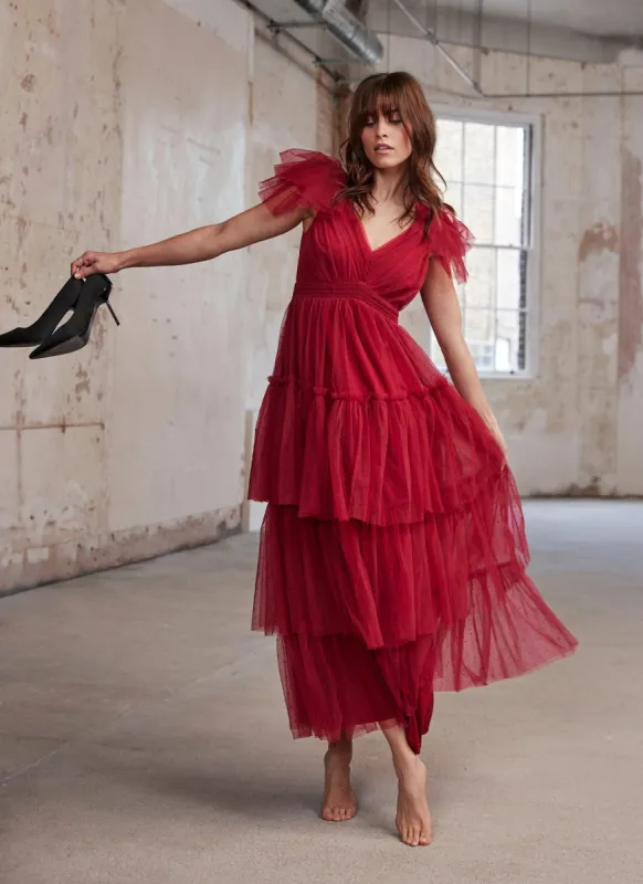 Run The World | Red Plunge Neckline Ruffle Maxi Dress | Parallel