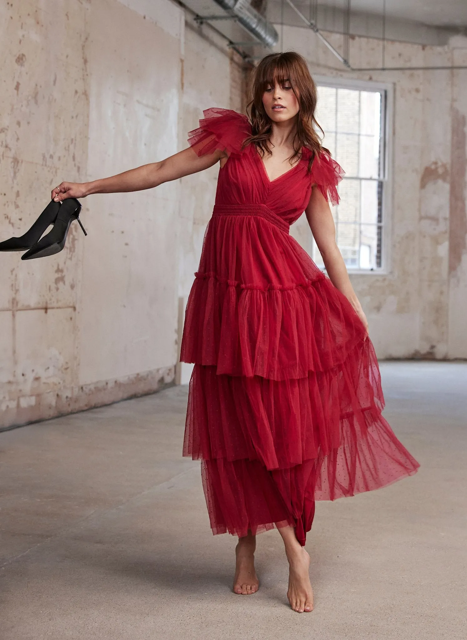 Red Tulle Ruffle Maxi Dress sold by Mint Velvet