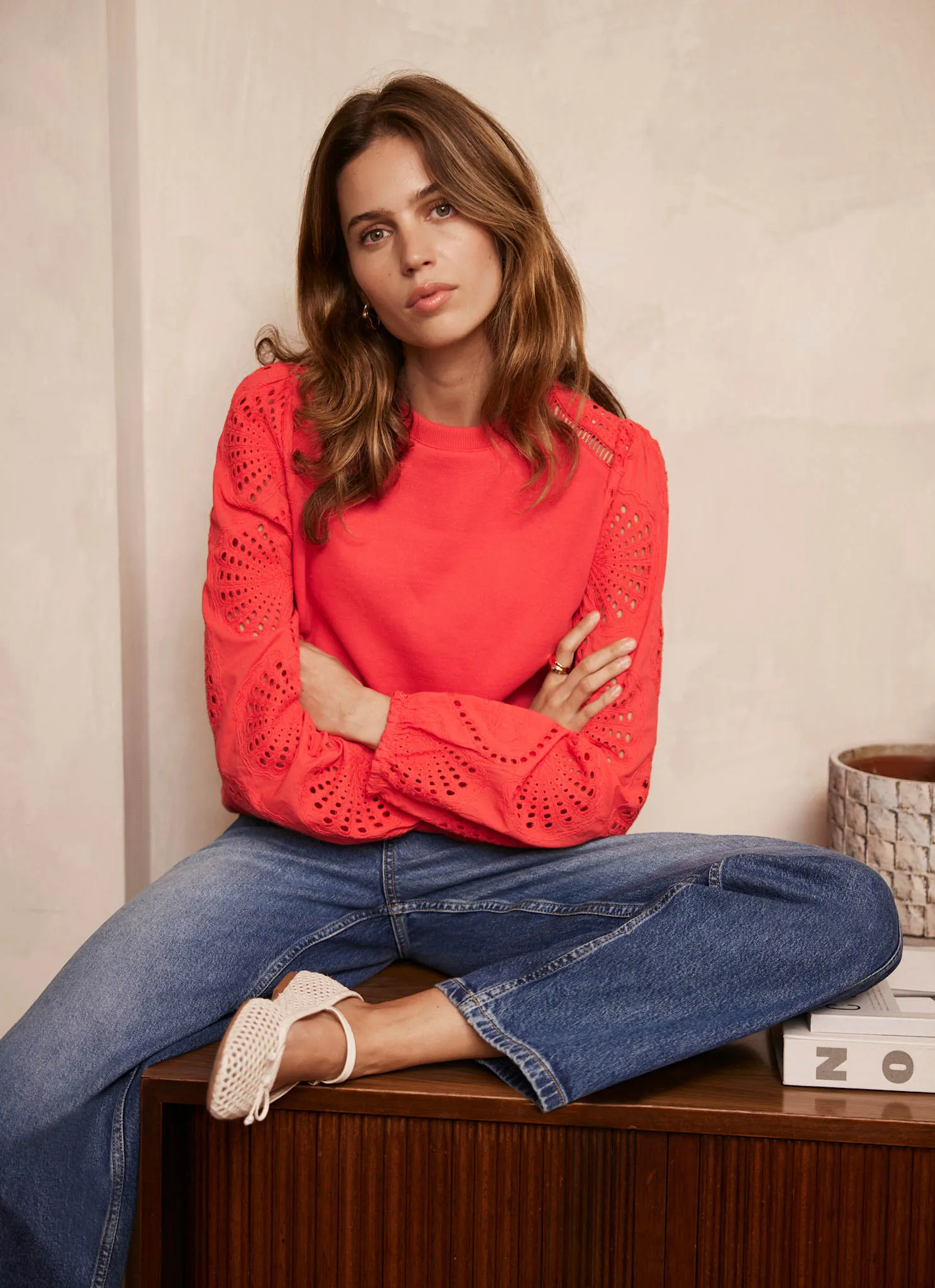 Red Broderie Anglaise Detail Sweatshirt sold by Mint Velvet