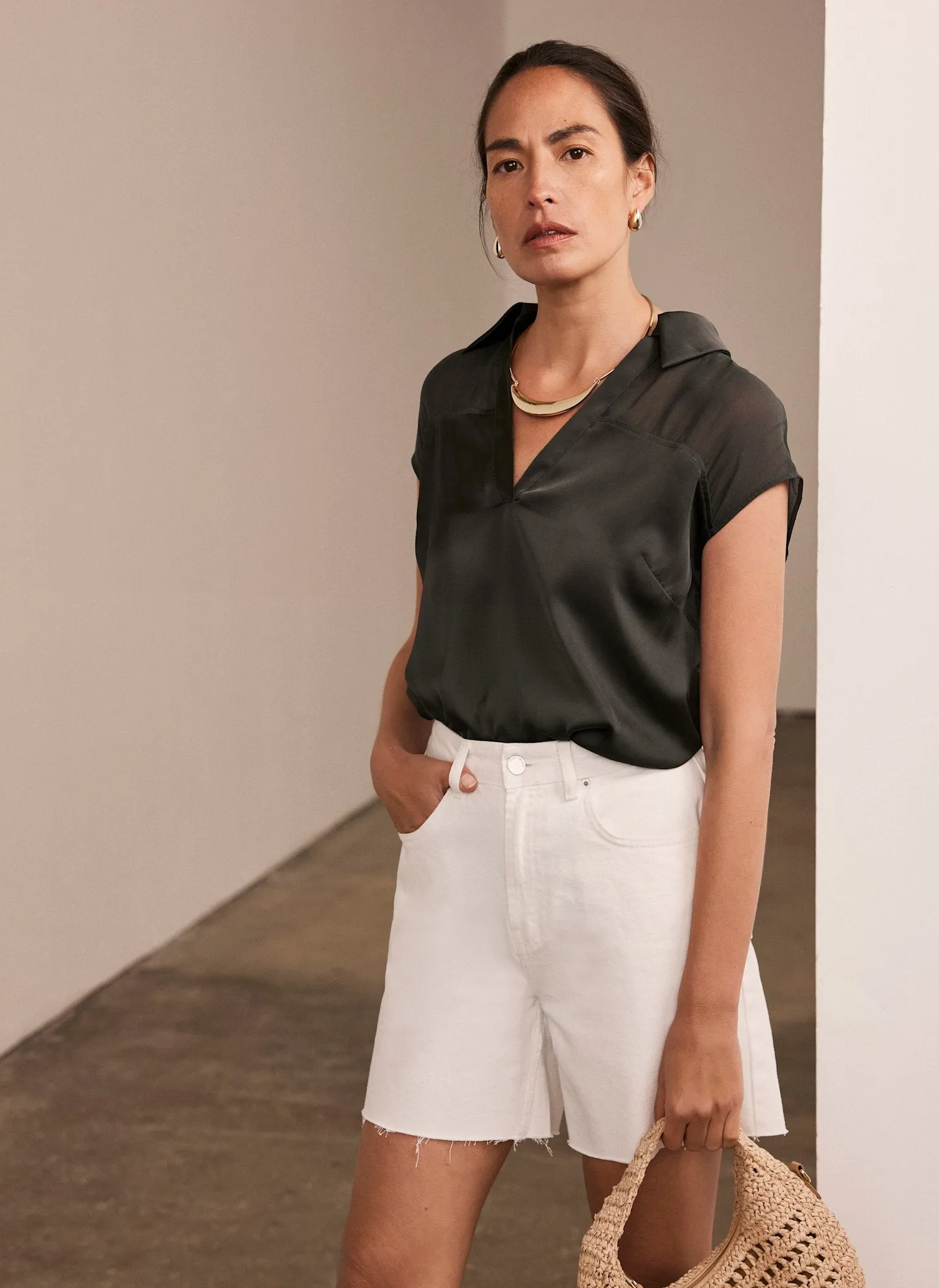 Khaki Satin V-Neck Top sold by Mint Velvet product image thumbnail 5