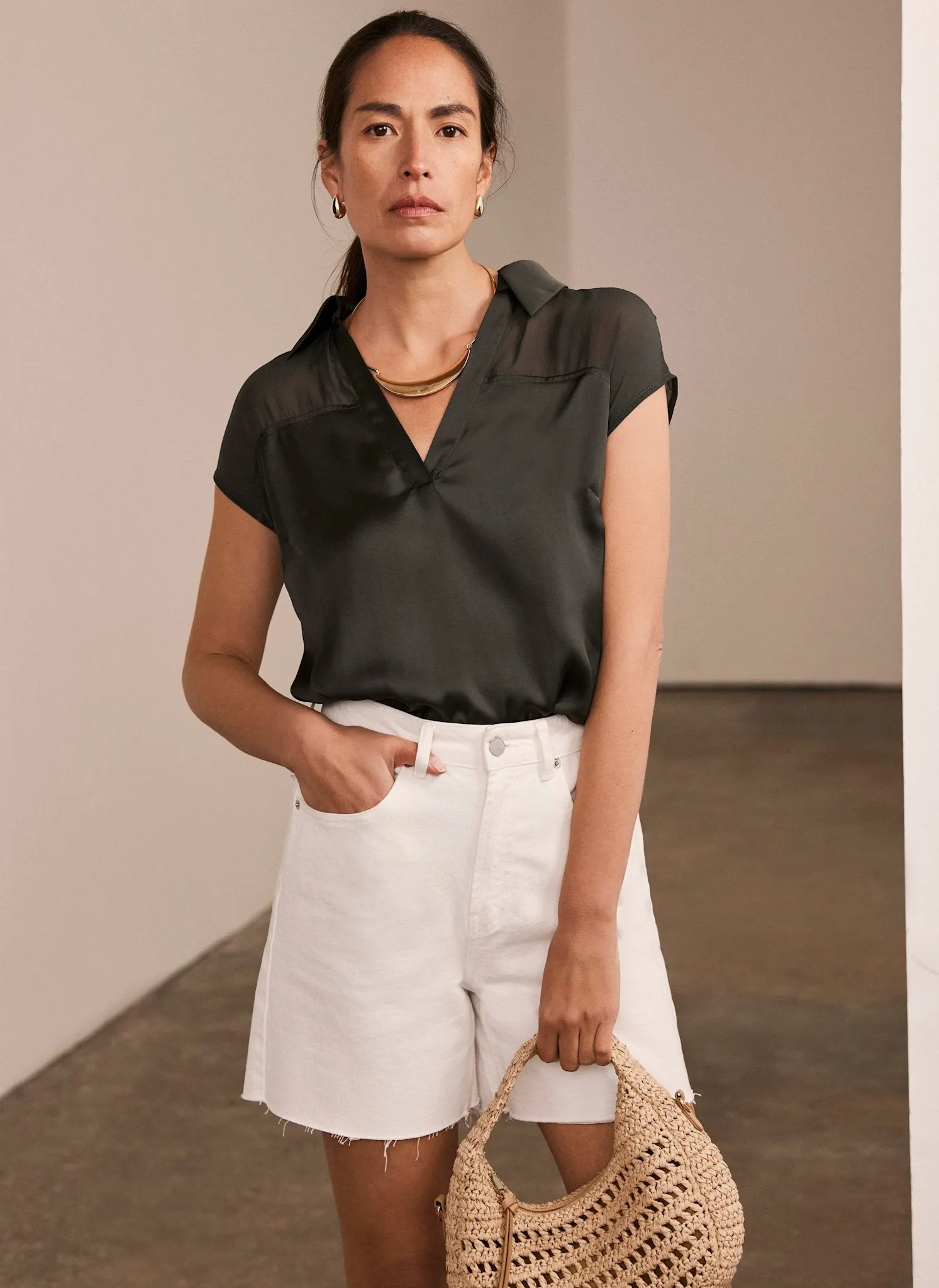 Khaki Satin V-Neck Top sold by Mint Velvet