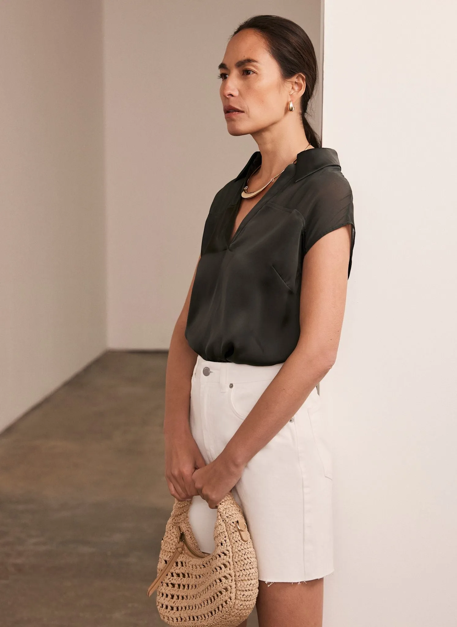 Khaki Satin V-Neck Top sold by Mint Velvet product image thumbnail 4