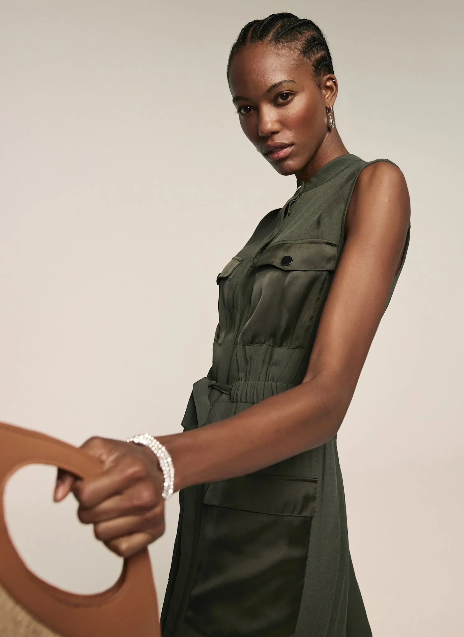 Khaki Satin Mix Utility Shirt Dress sold by Mint Velvet product image thumbnail 2