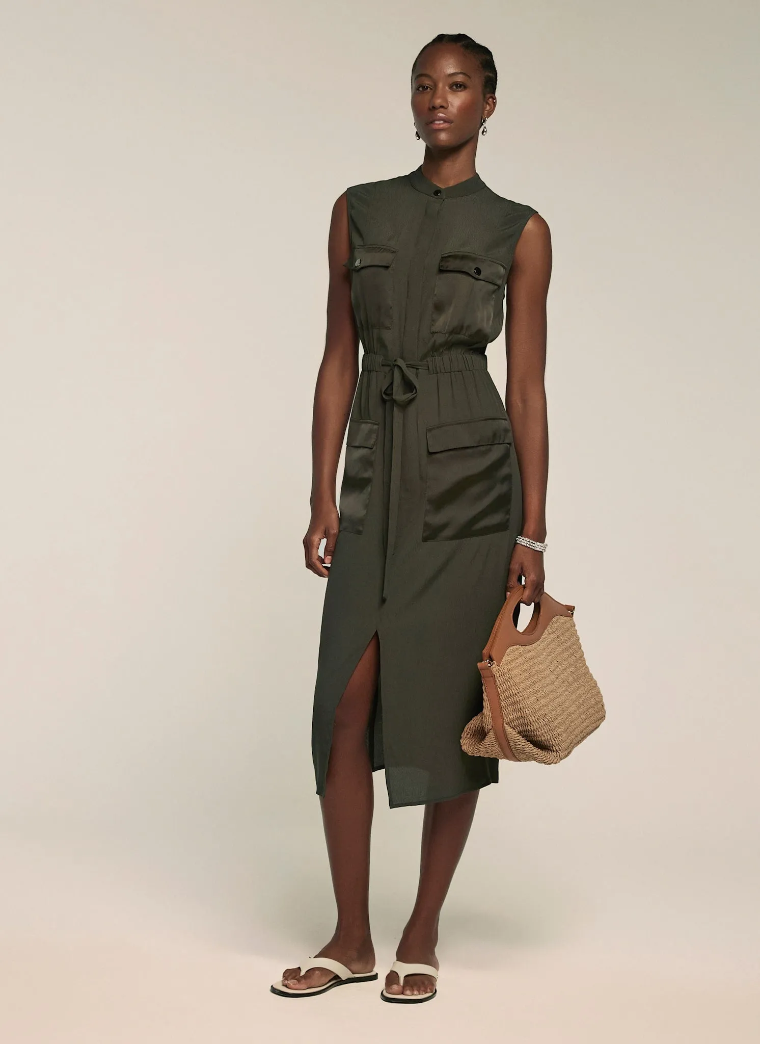 Khaki Satin Mix Utility Shirt Dress sold by Mint Velvet product image thumbnail 5