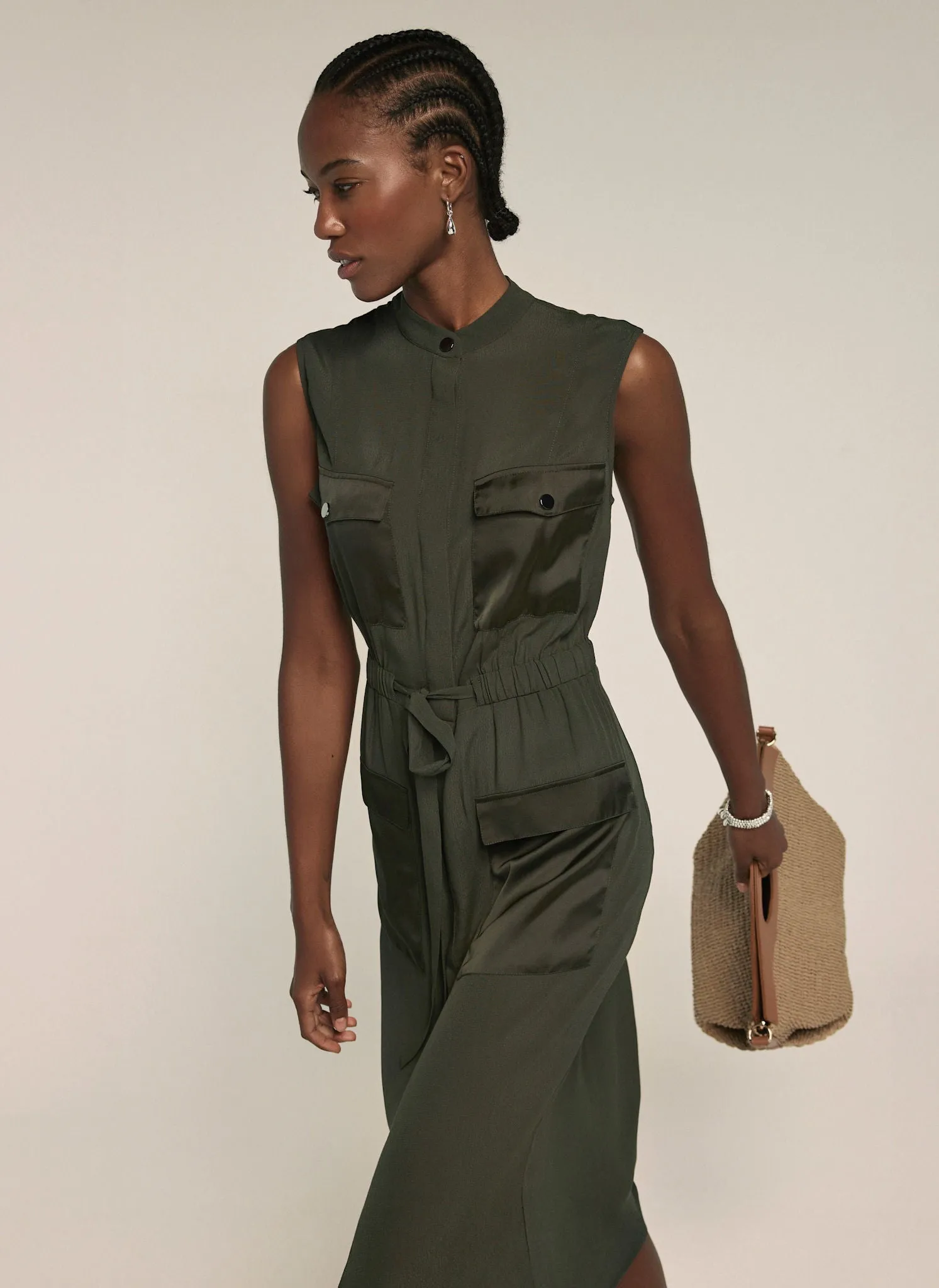 Khaki Satin Mix Utility Shirt Dress sold by Mint Velvet product image thumbnail 3