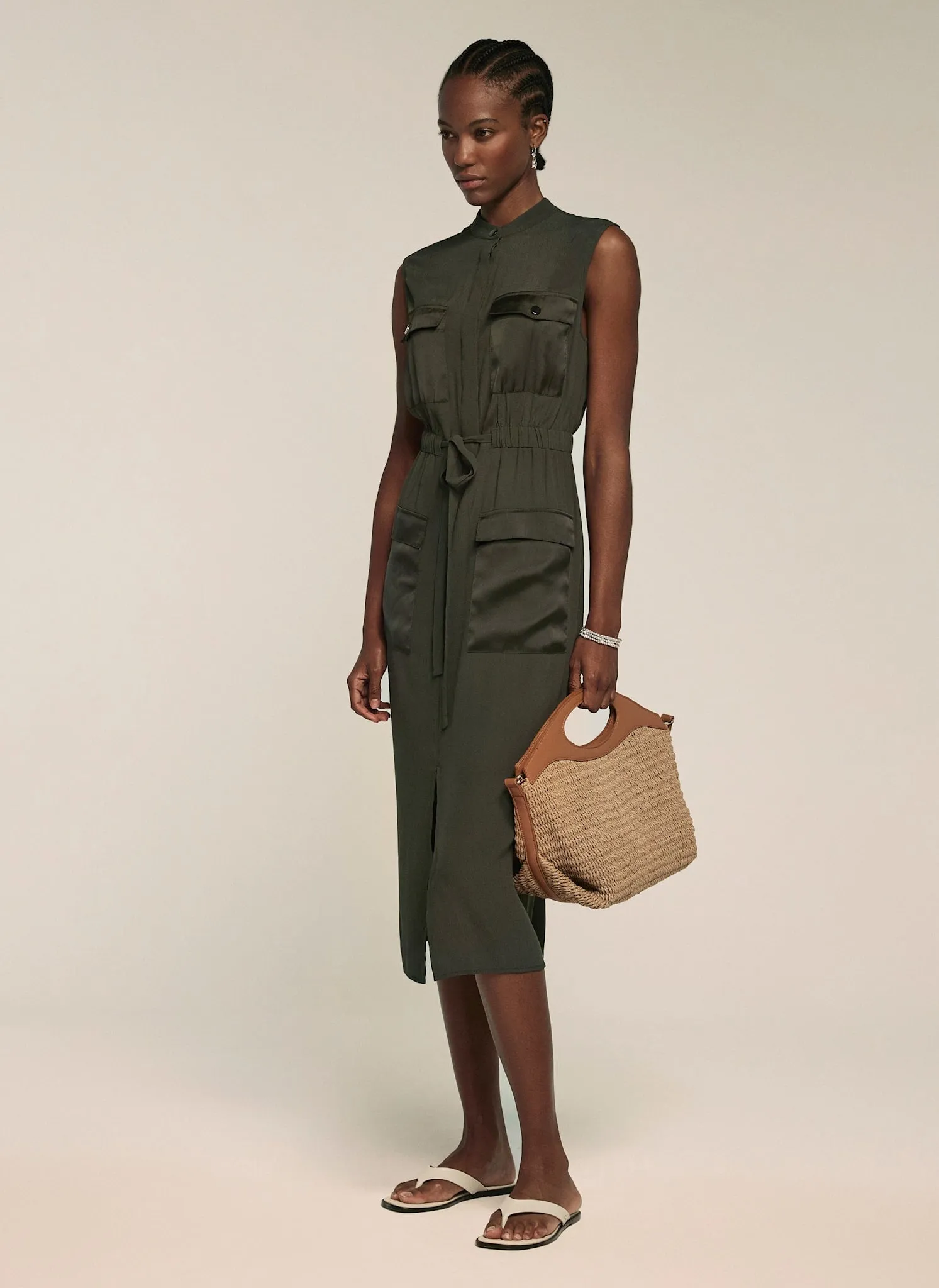 Khaki Satin Mix Utility Shirt Dress sold by Mint Velvet