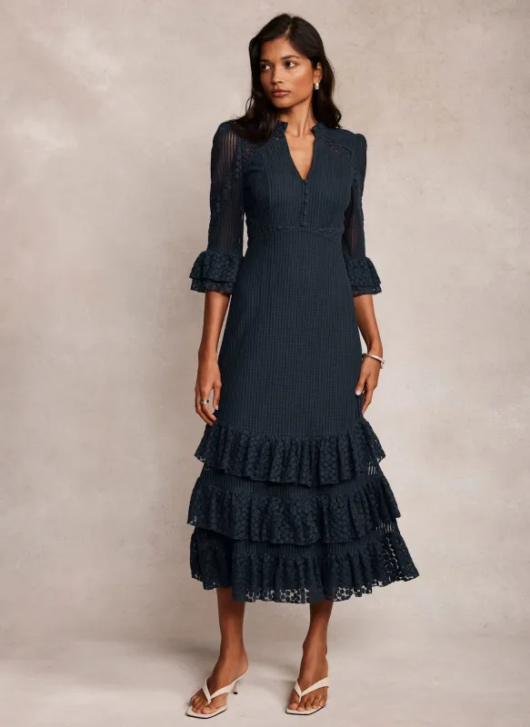 Navy Lace Mesh Ruffle Midi Dress sold by Mint Velvet