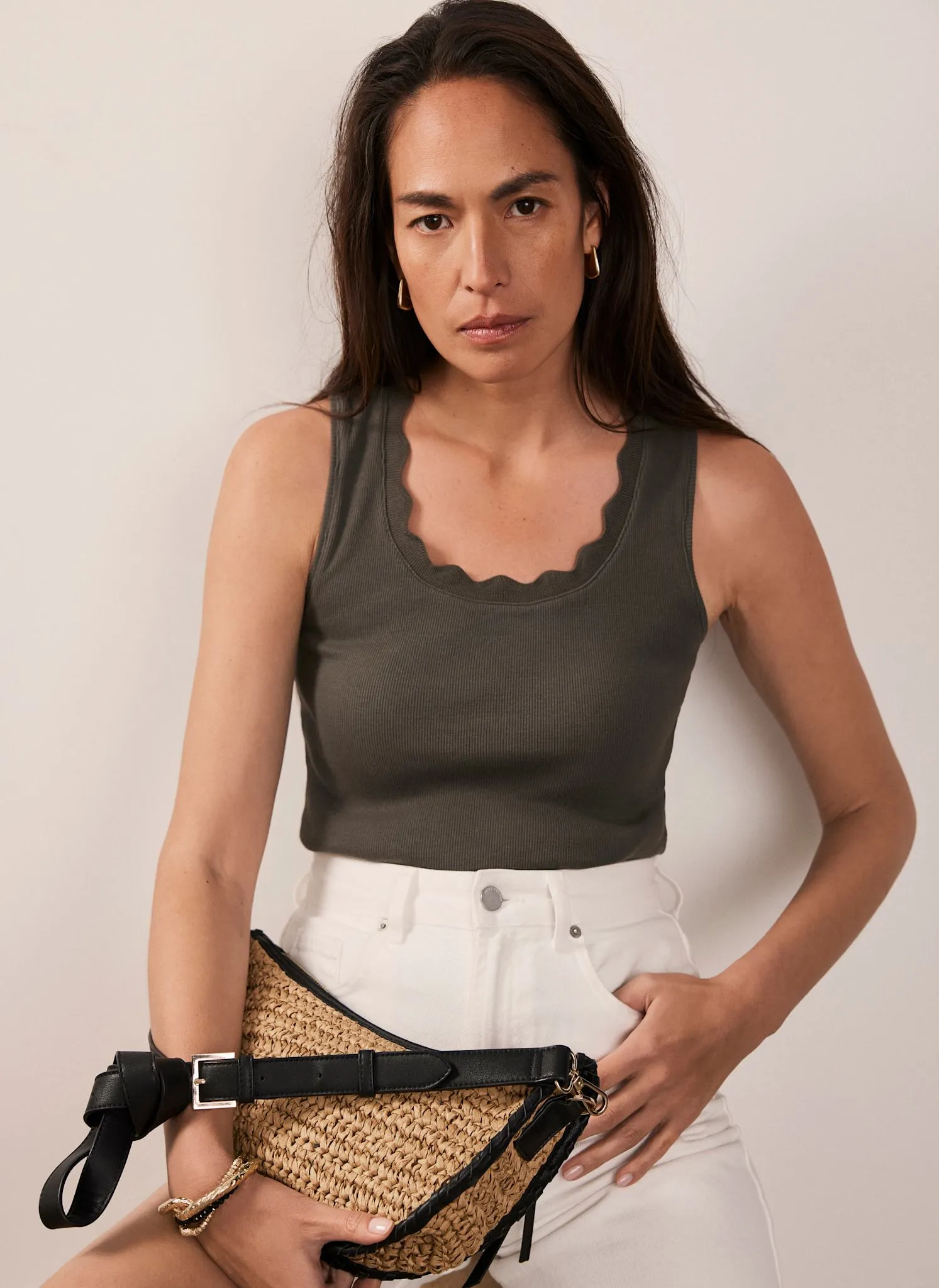 Khaki Scallop Trim Vest Top sold by Mint Velvet