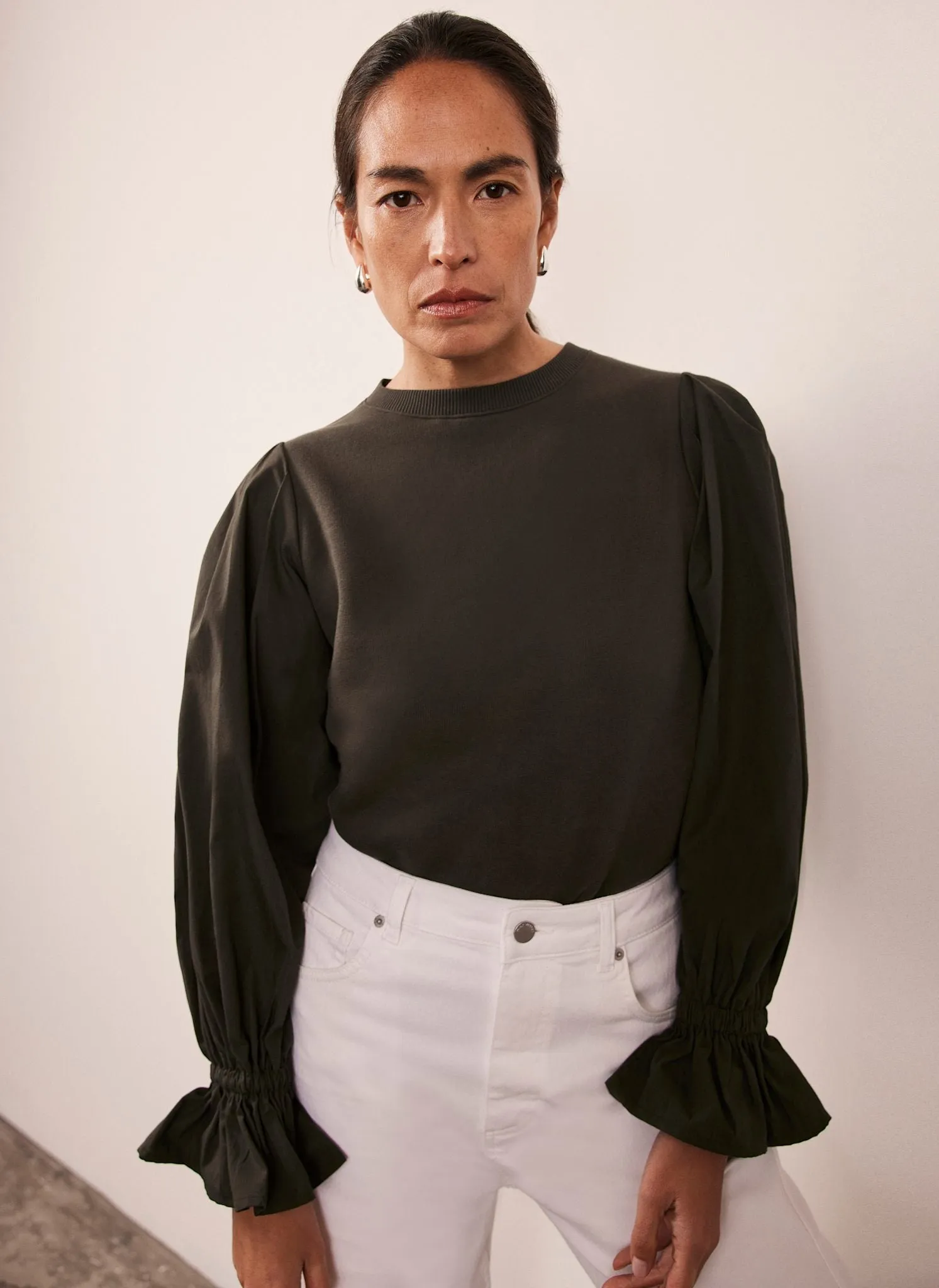 Khaki Fluted Sleeve Sweatshirt sold by Mint Velvet product image thumbnail 3