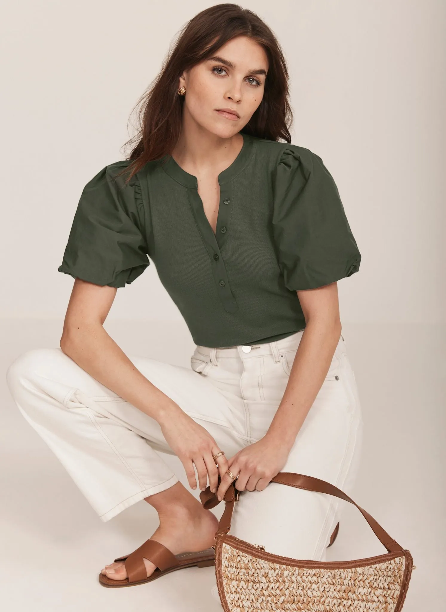 Khaki Puff Sleeve Top sold by Mint Velvet