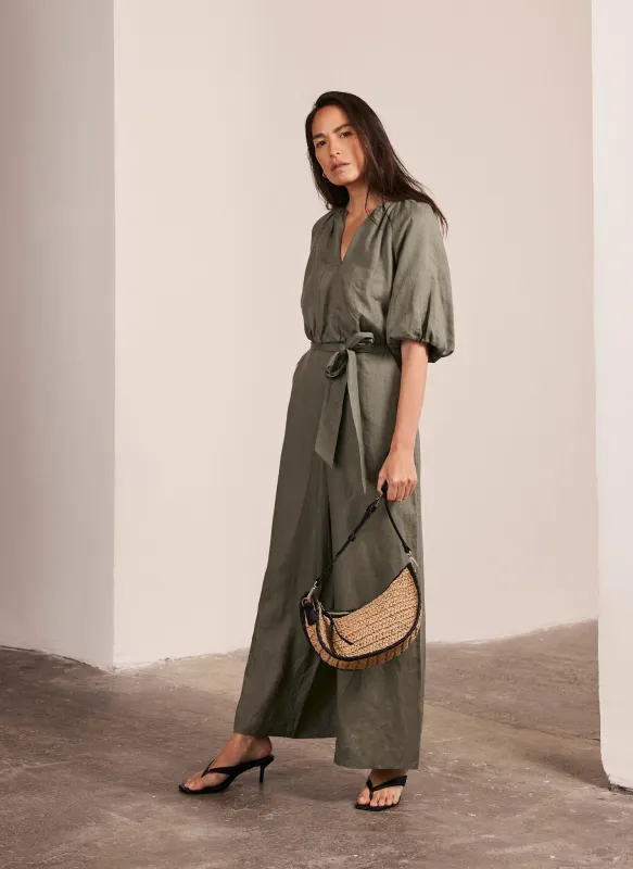 Khaki Linen Puff Sleeve Jumpsuit sold by Mint Velvet