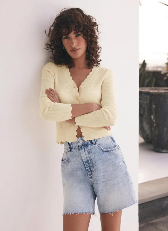 Yellow Scallop Trim Ribbed Cardigan sold by Mint Velvet