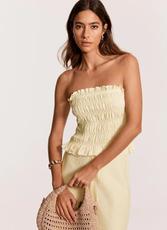 Yellow Linen Shirred Bandeau Top sold by Mint Velvet
