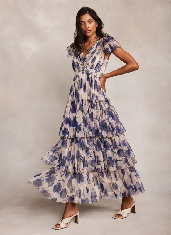 Neutral Floral Print Tulle Maxi Dress sold by Mint Velvet