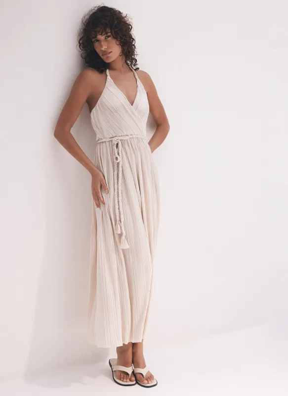 Cream Plisse Metallic Midi Dress sold by Mint Velvet
