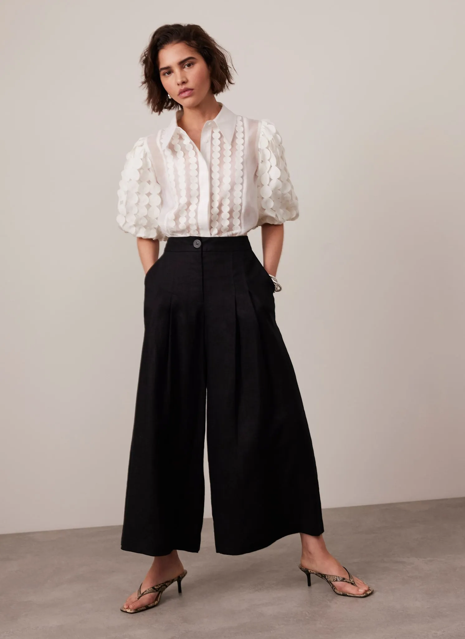Black Linen Wide Cropped Trousers sold by Mint Velvet