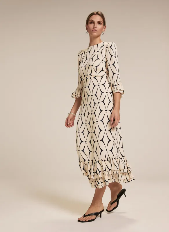Cream Geometric Print Ruffle Midi Dress sold by Mint Velvet
