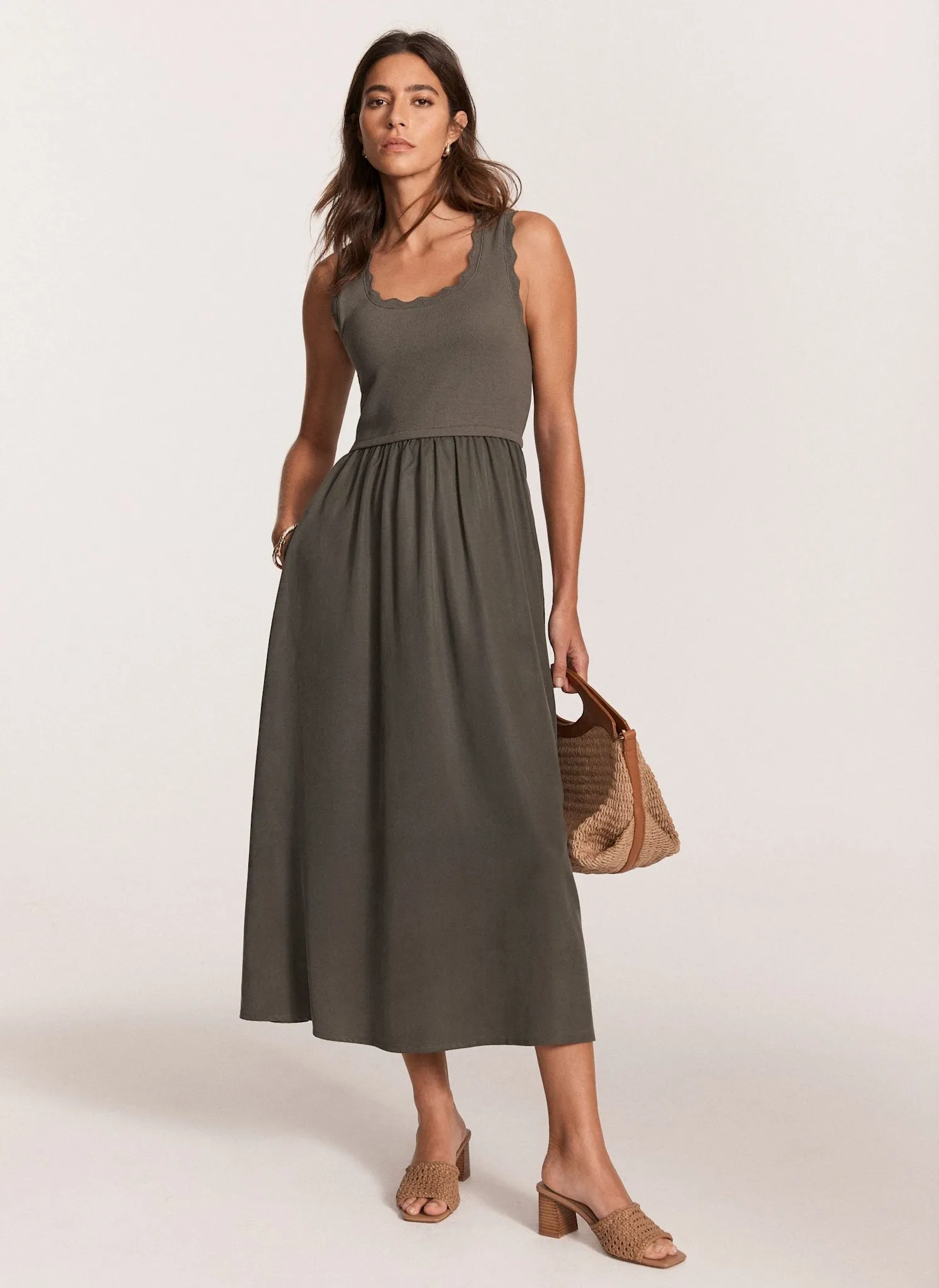 Khaki Scallop Trim Midi Dress sold by Mint Velvet