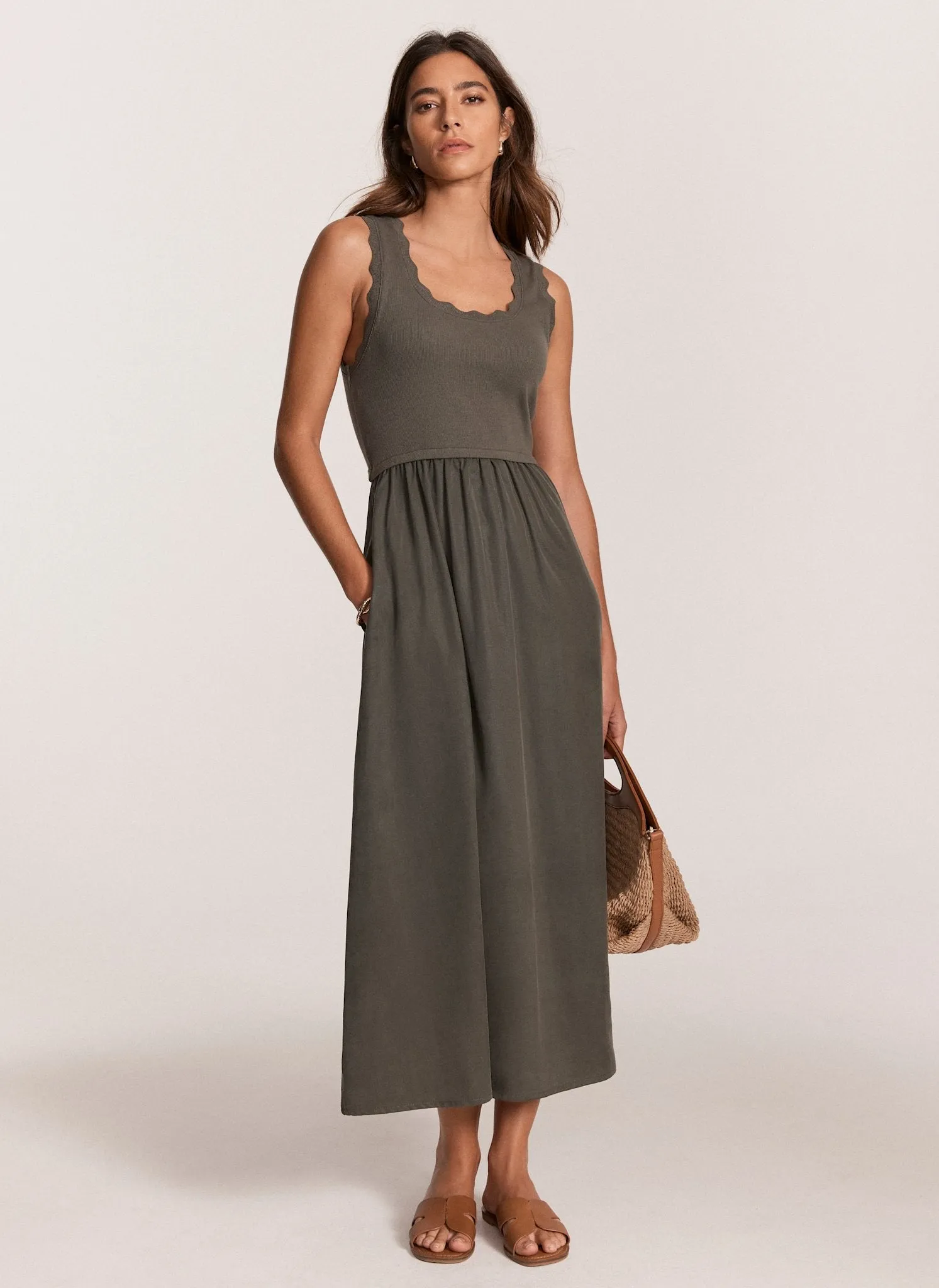 Khaki Scallop Trim Midi Dress sold by Mint Velvet product image thumbnail 5