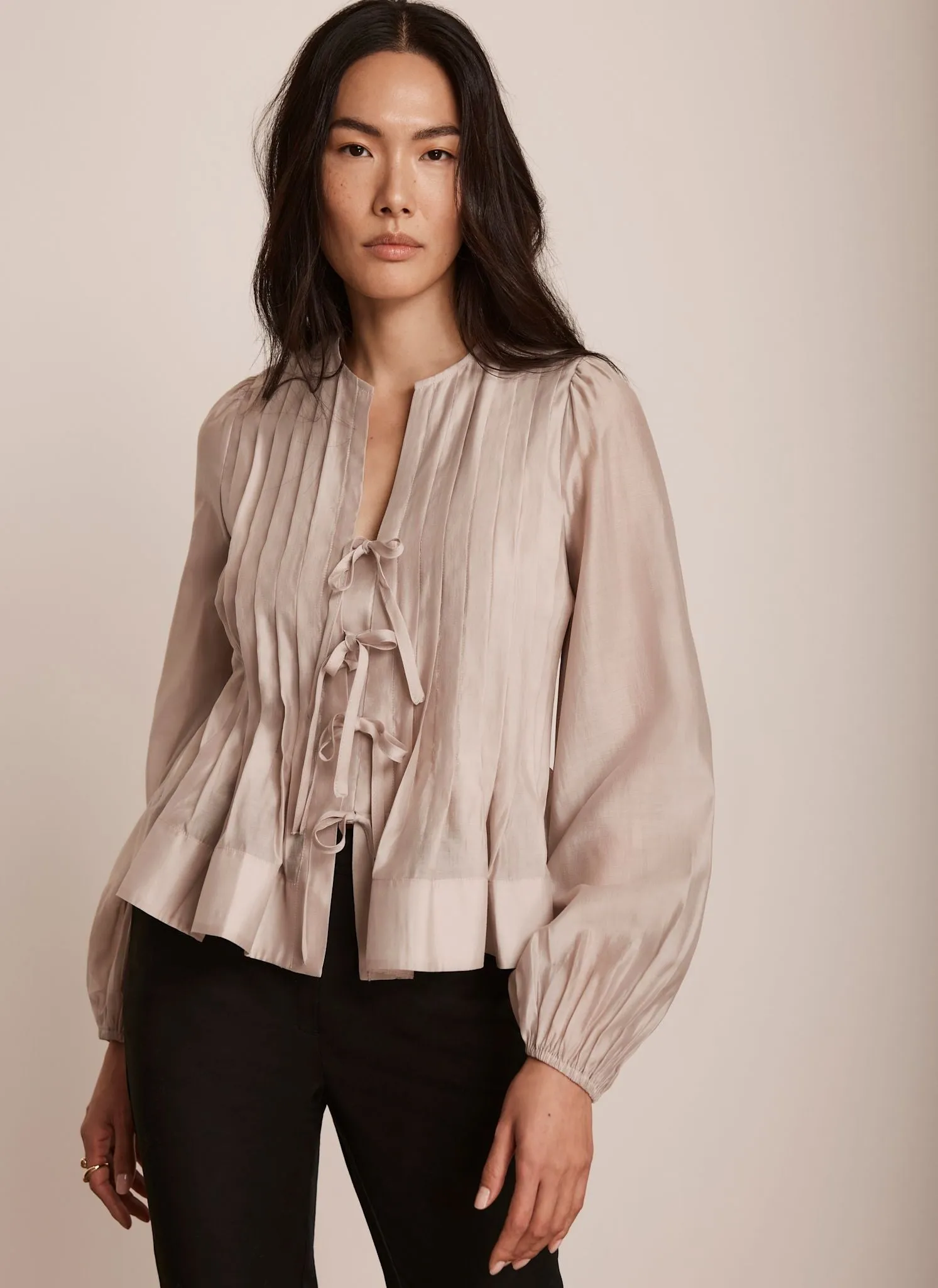 Neutral Tie Front Pleated Blouse sold by Mint Velvet