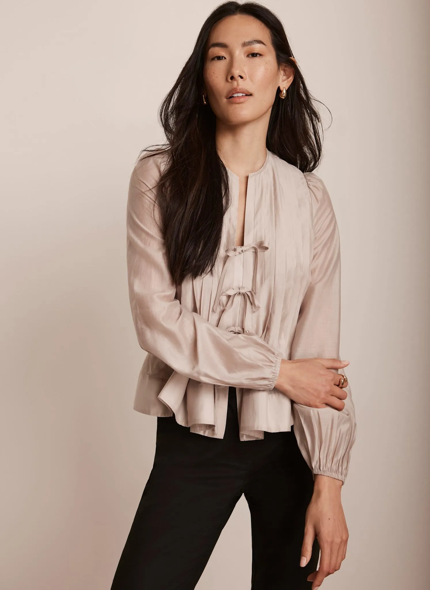 Neutral Tie Front Pleated Blouse sold by Mint Velvet product image thumbnail 5