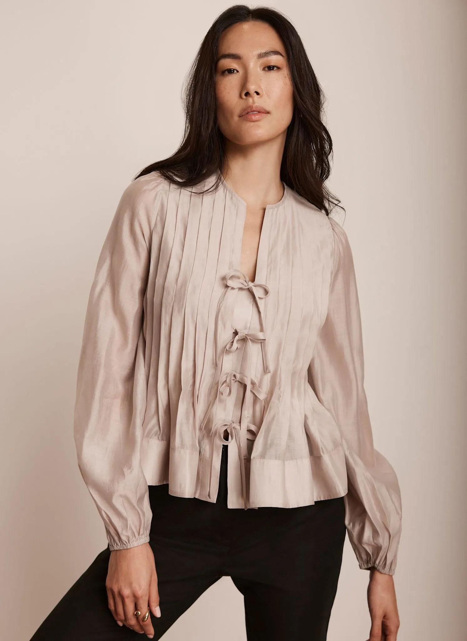 Neutral Tie Front Pleated Blouse sold by Mint Velvet product image thumbnail 3