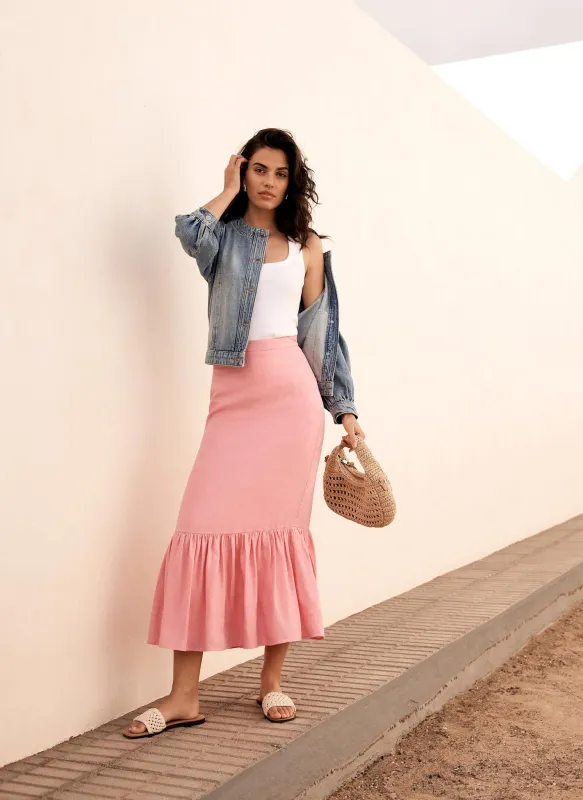 Pink Linen Tiered Maxi Skirt sold by Mint Velvet