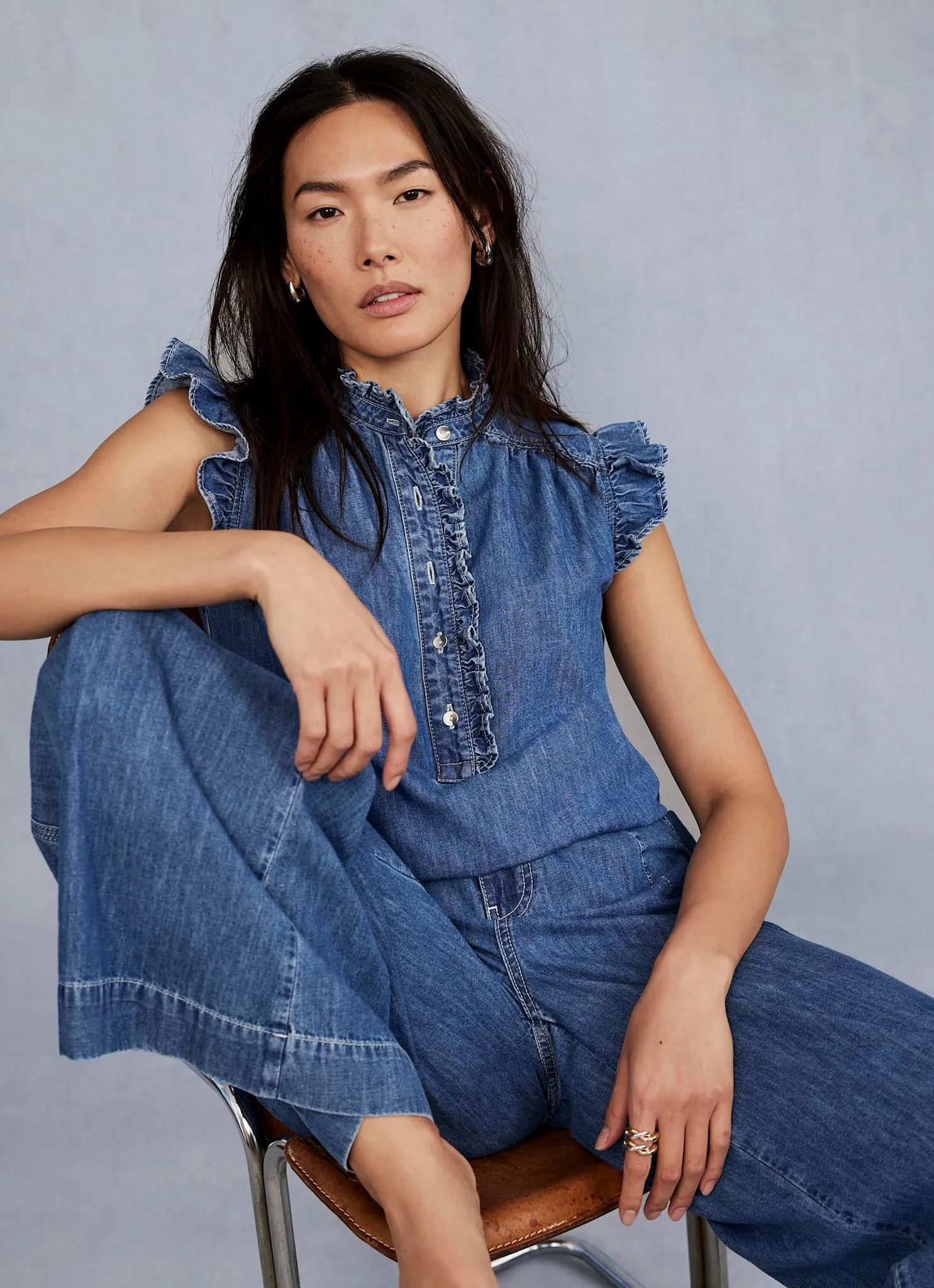 Indigo Wash Denim Ruffle Blouse sold by Mint Velvet product image thumbnail 2