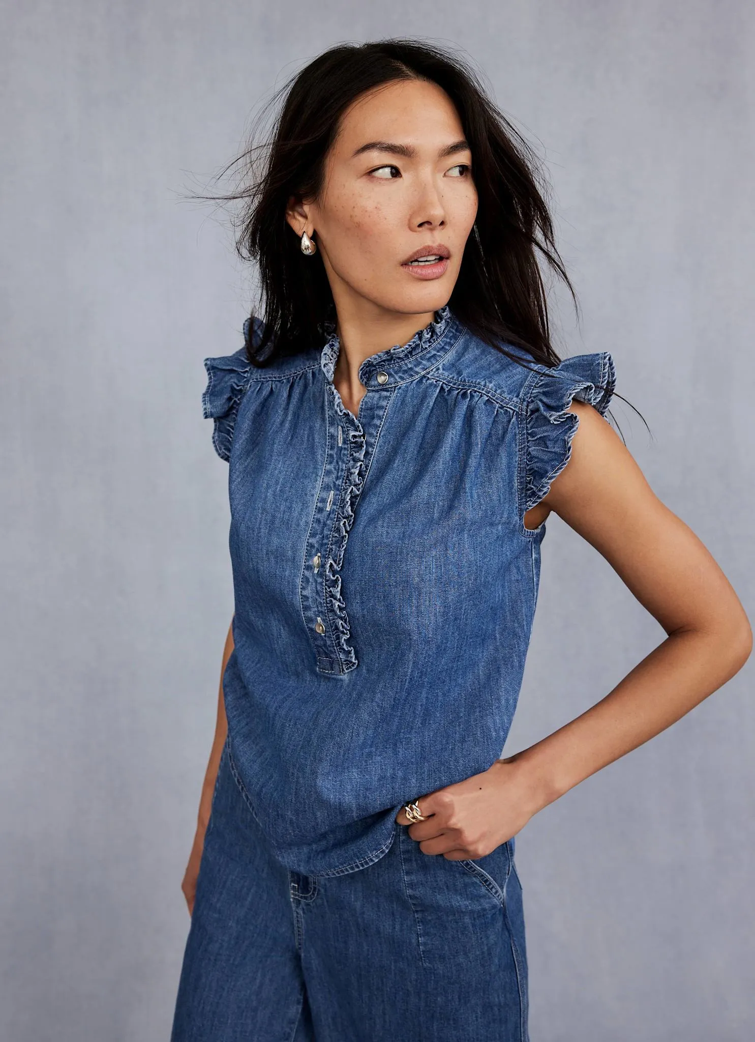 Indigo Wash Denim Ruffle Blouse sold by Mint Velvet product image thumbnail 5