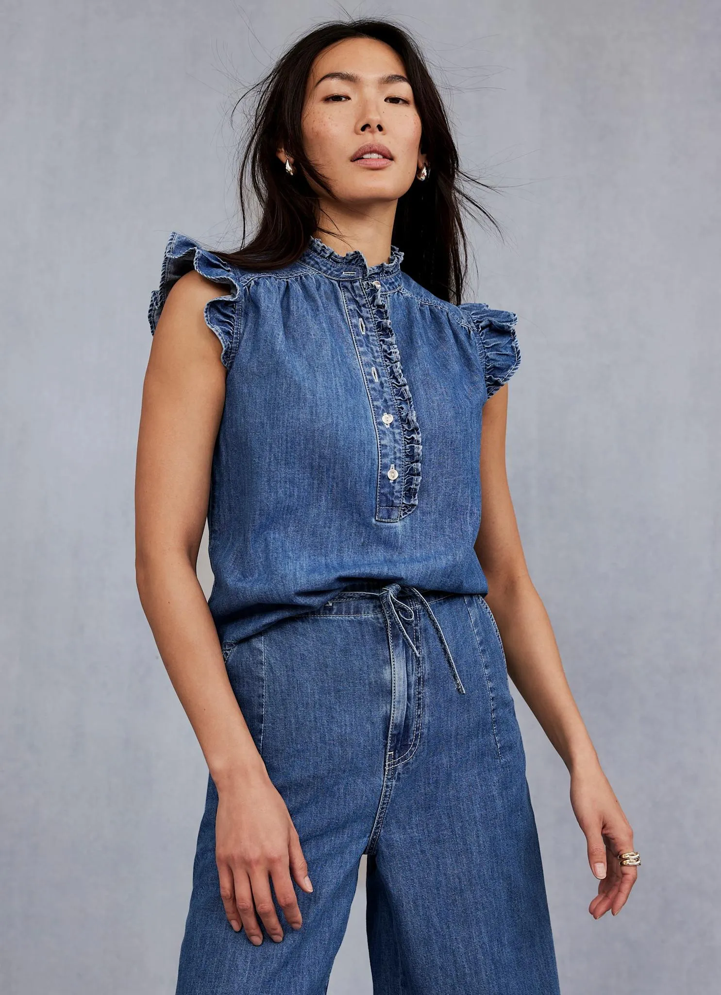 Indigo Wash Denim Ruffle Blouse sold by Mint Velvet