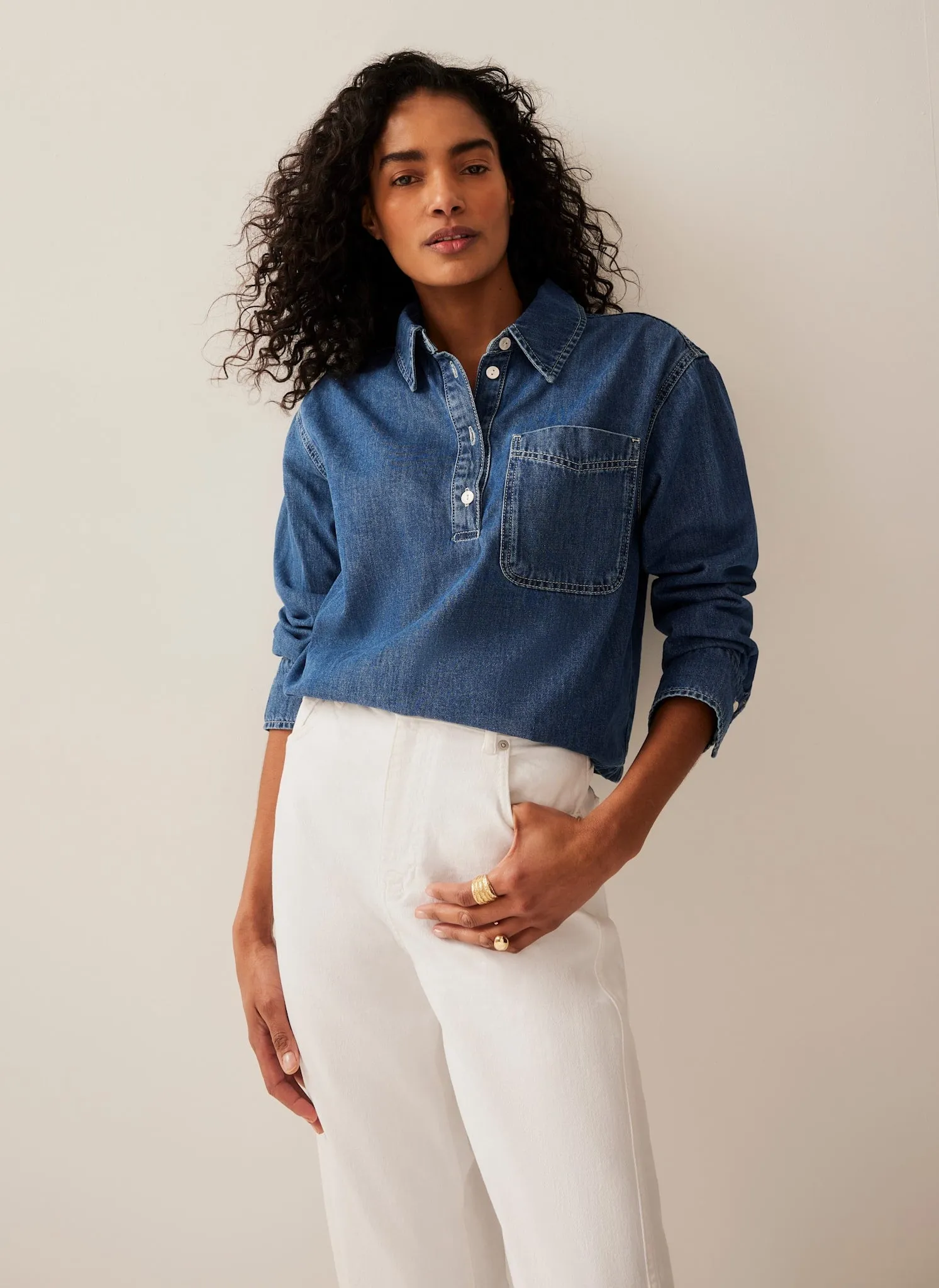 Indigo Cropped Denim Popover Shirt sold by Mint Velvet product image thumbnail 5