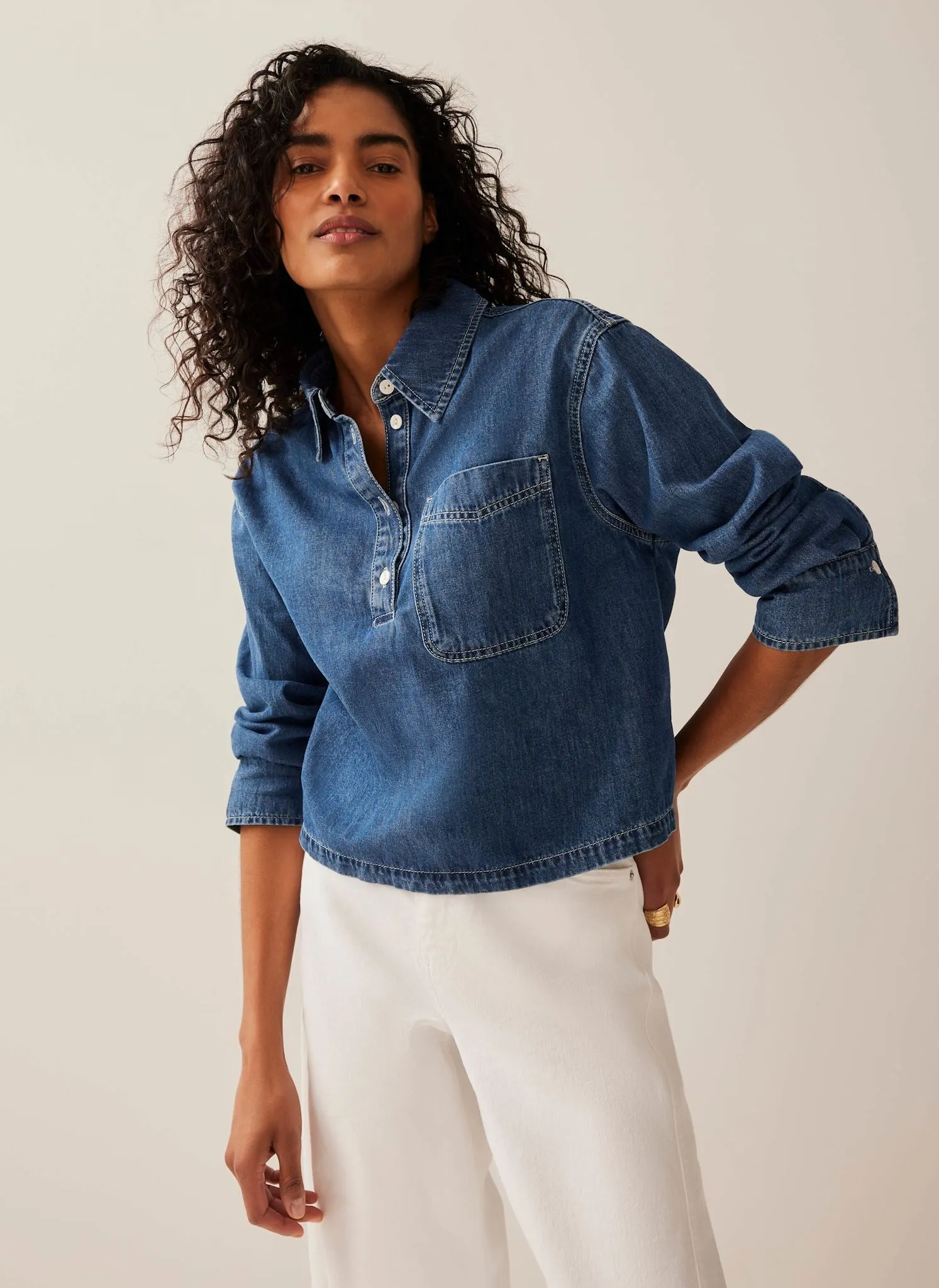 Indigo Cropped Denim Popover Shirt sold by Mint Velvet