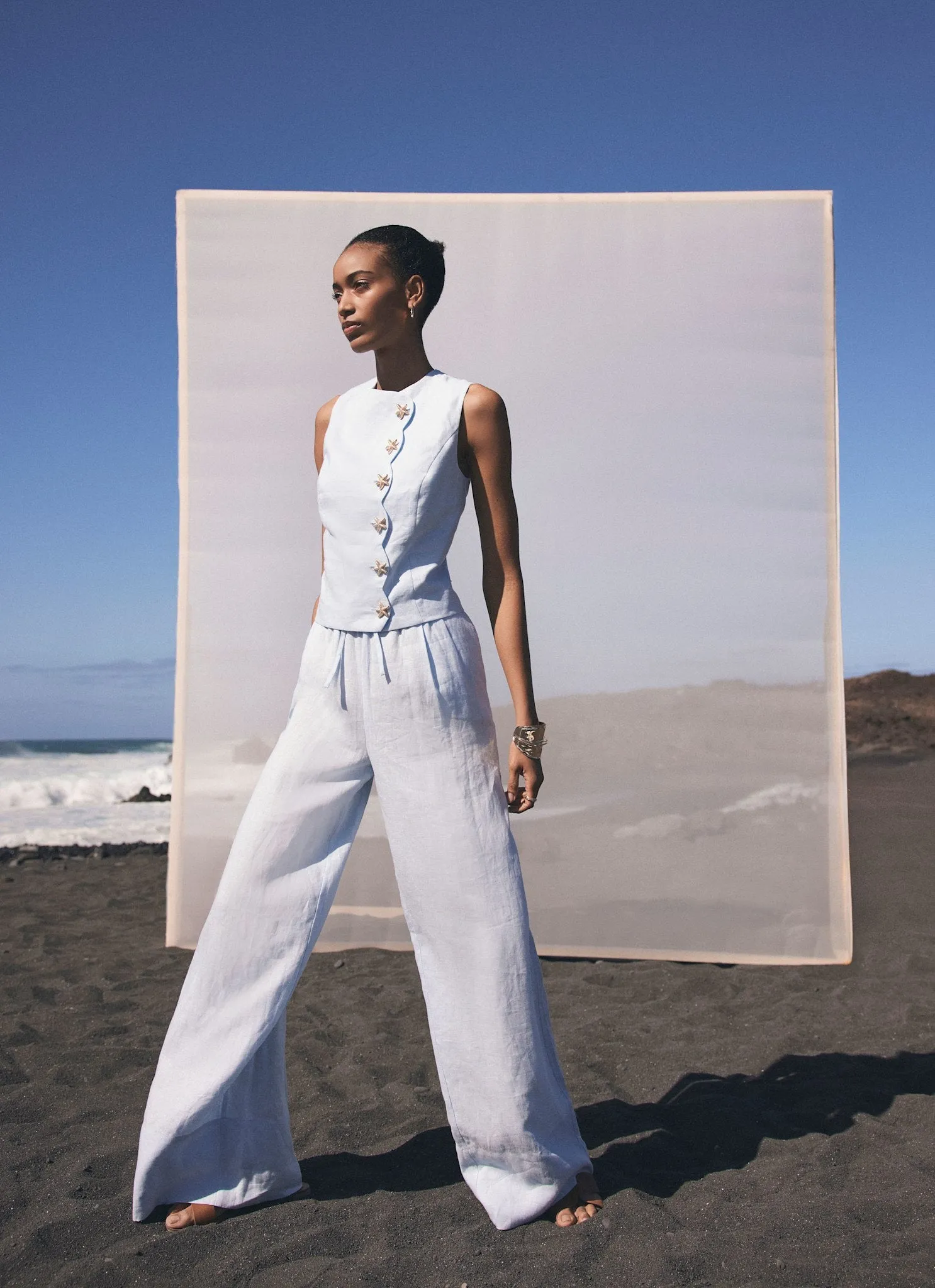 Blue Linen Wide Leg Trousers sold by Mint Velvet